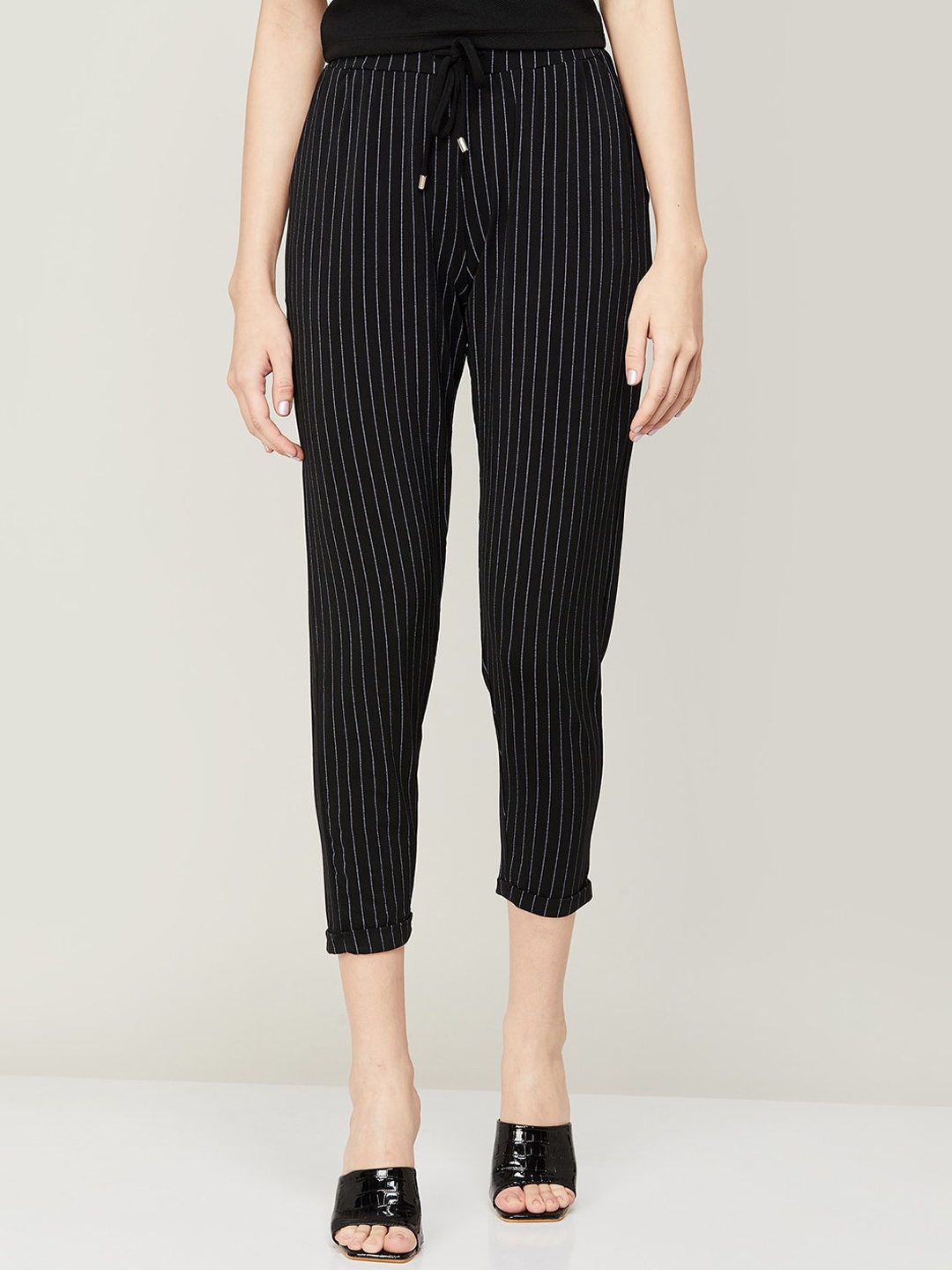 

CODE by Lifestyle Women Striped Easy Wash Cropped Trousers, Black