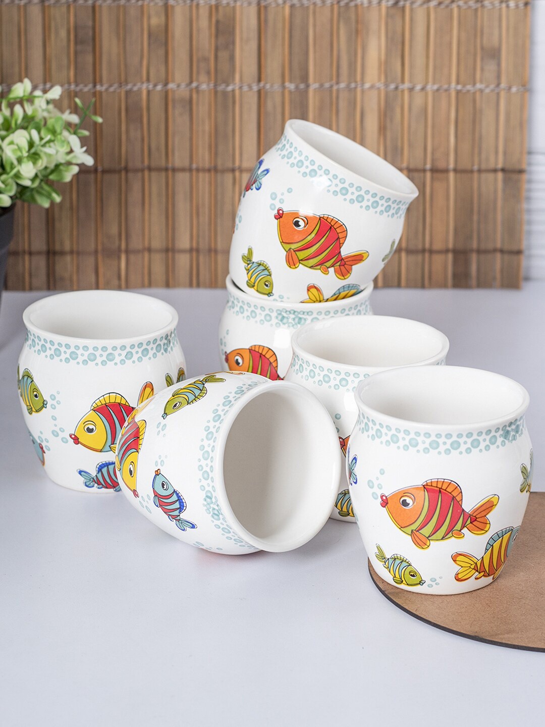 

MARKET99 White & Blue 6 Pcs Printed Ceramic Matte Kulladhs 130 ml Each