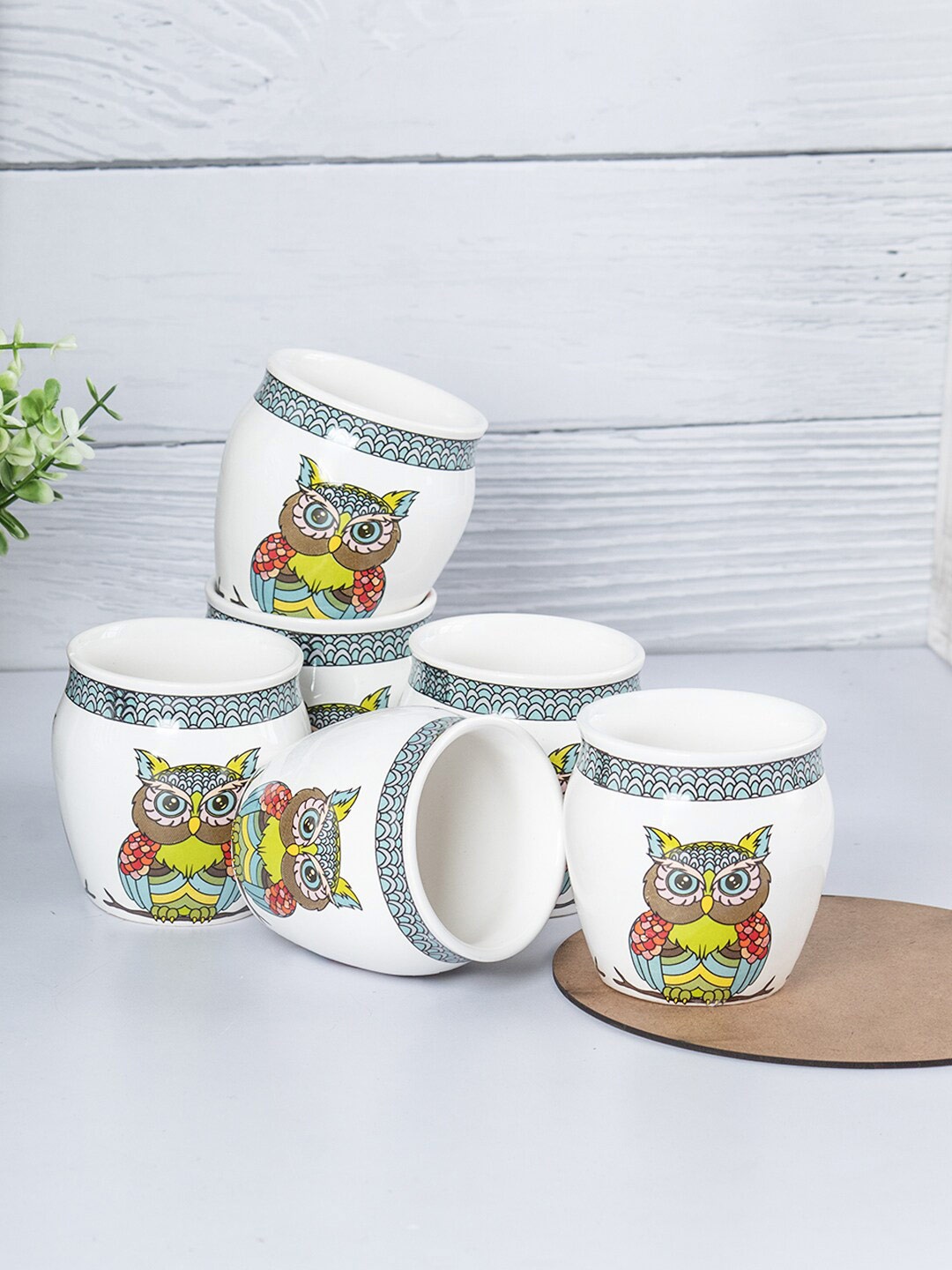 

MARKET99 White & Teal 6 Pcs Printed Ceramic Glossy Kulladhs 130 ml Each
