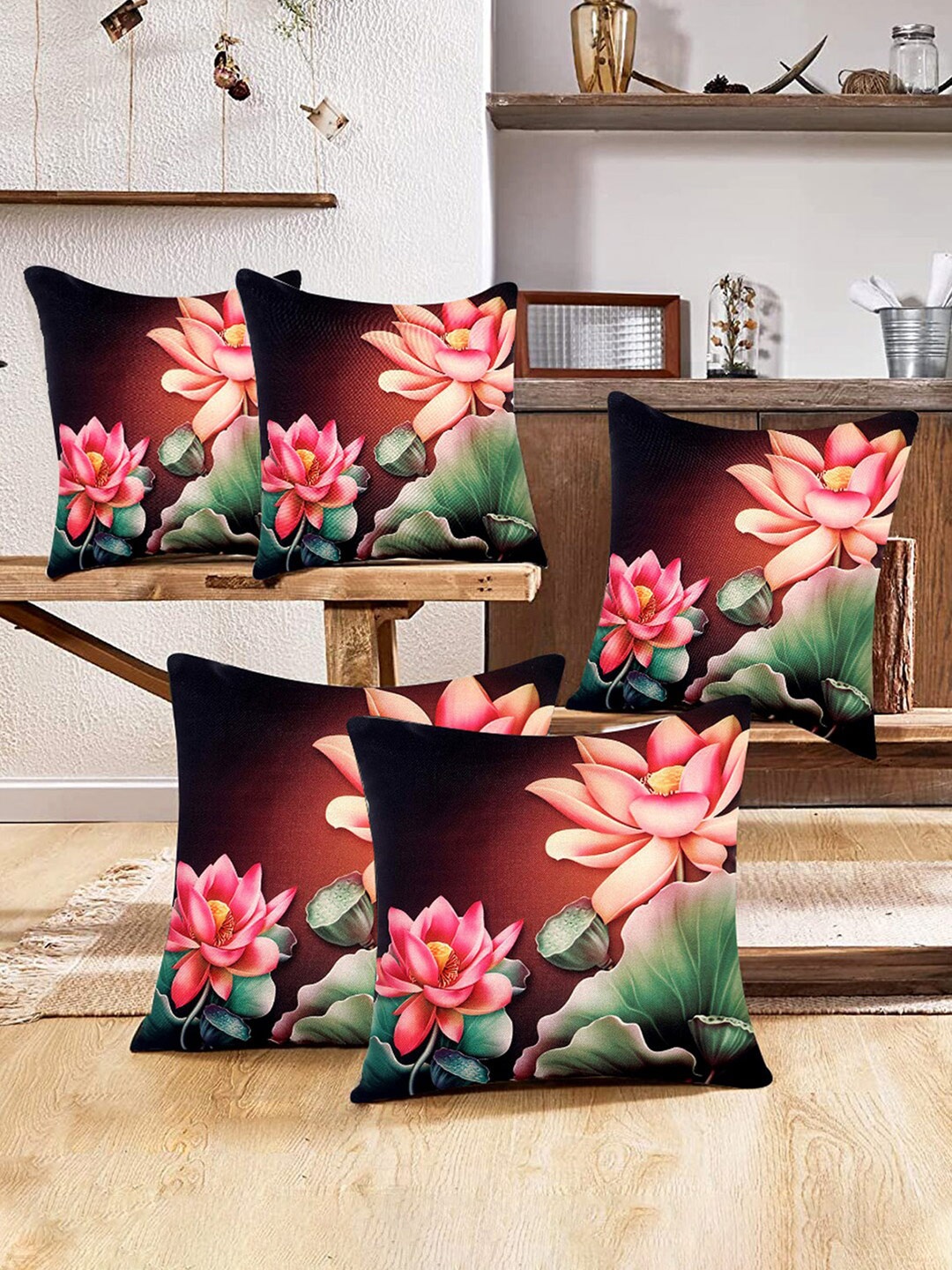 

Kuber Industries 5 Pieces Burgundy & Pink Floral Square Cushion Covers