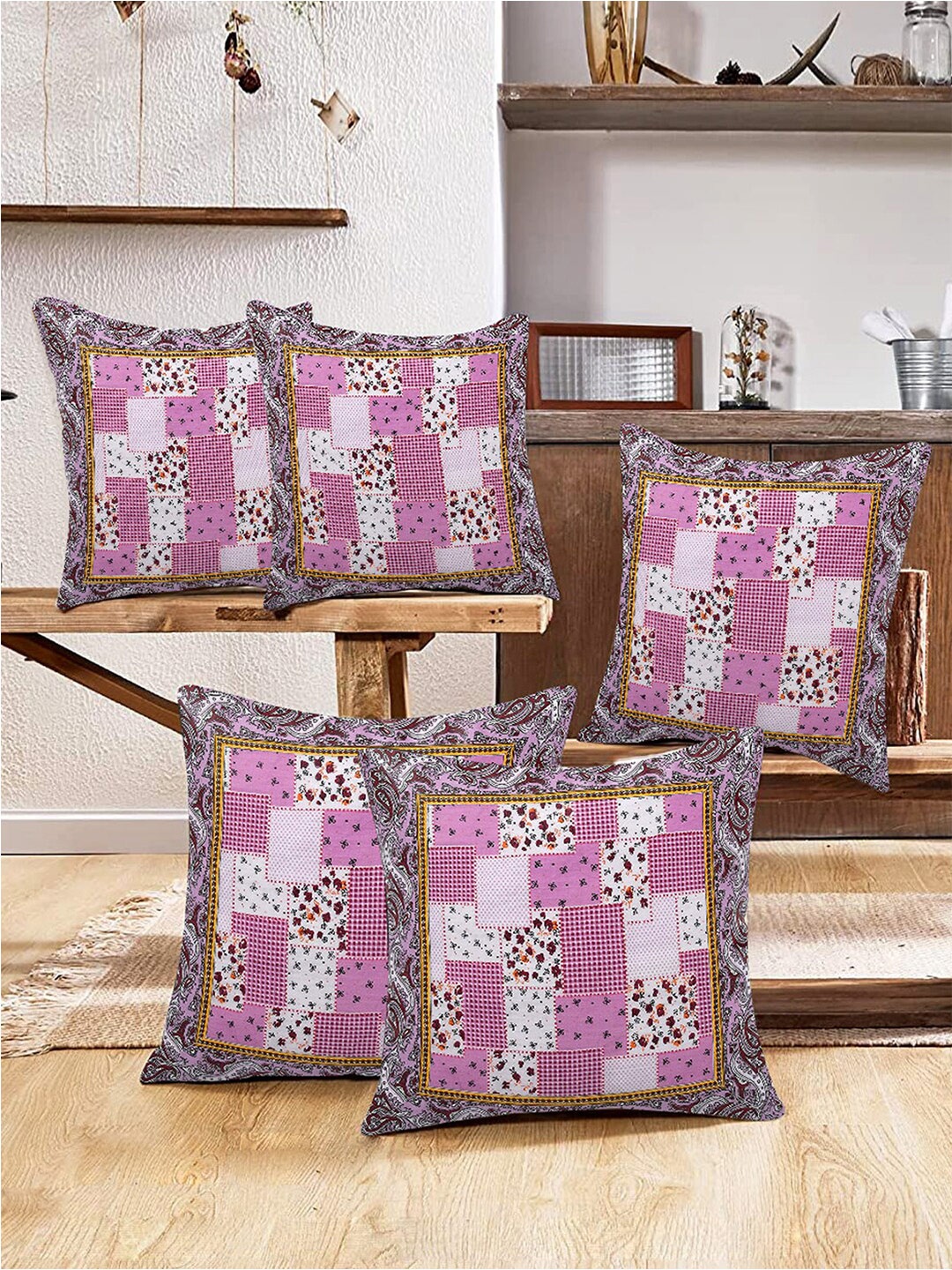 

Kuber Industries 5 Pieces Pink & White Floral Square Cotton Cushion Covers