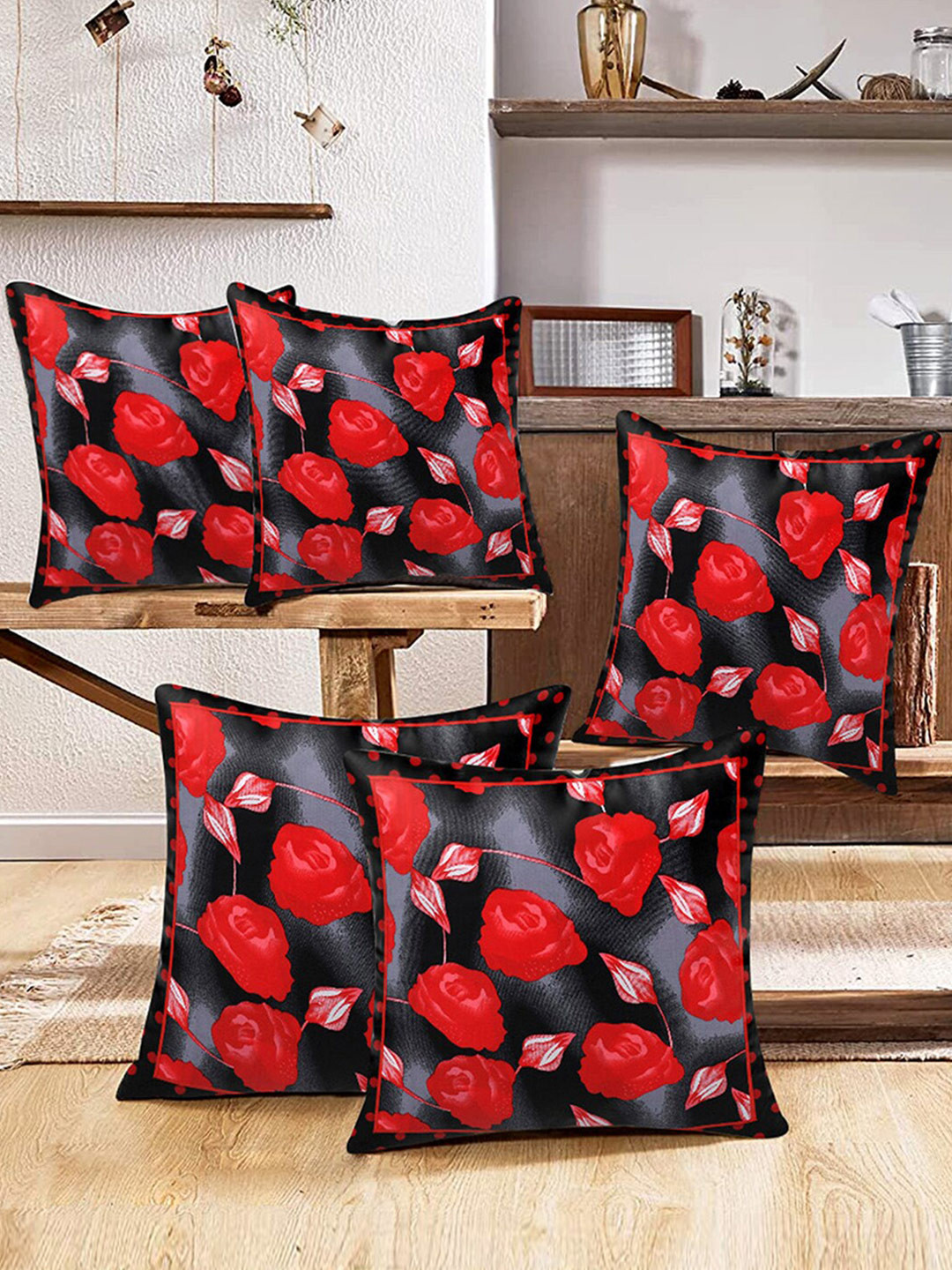 

Kuber Industries 5 Pieces Red & Black Floral Square Cushion Covers
