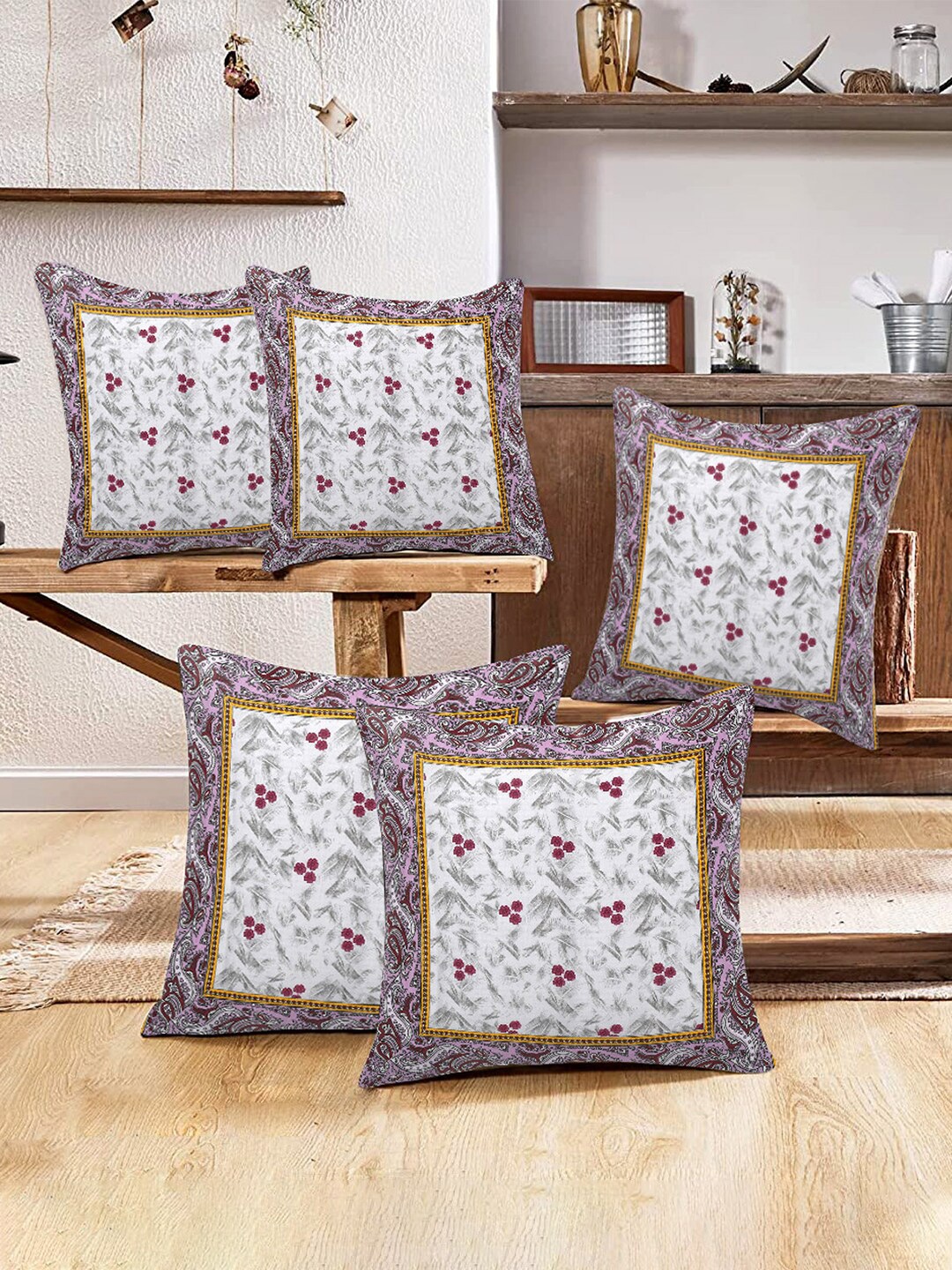 

Kuber Industries 5 Pieces Pink & White Ethnic Motifs Square Cotton Cushion Covers