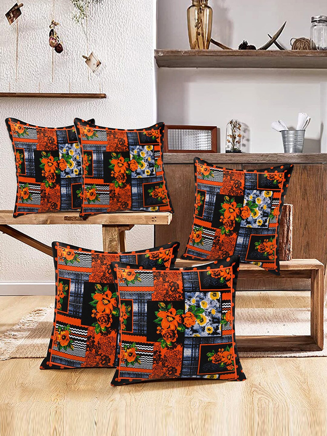 

Kuber Industries 5 Pieces Orange & Blue Floral Cotton Square Cushion Covers