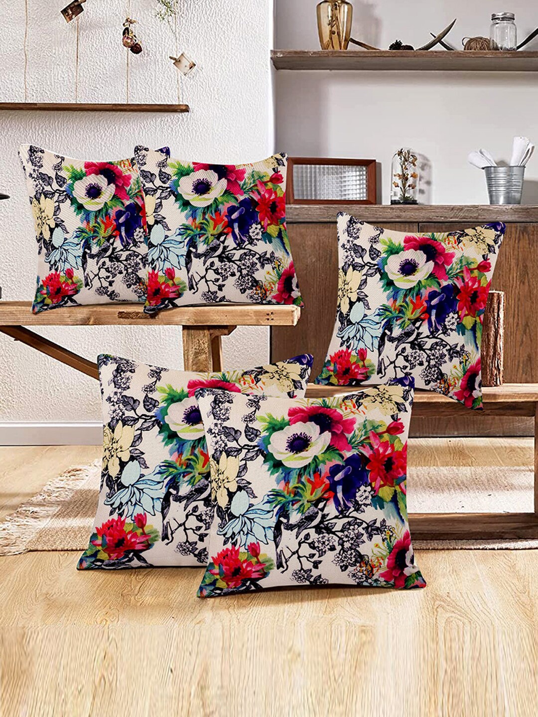 

Kuber Industries 5 Pieces Beige & Black Floral Square Cushion Covers, Off white