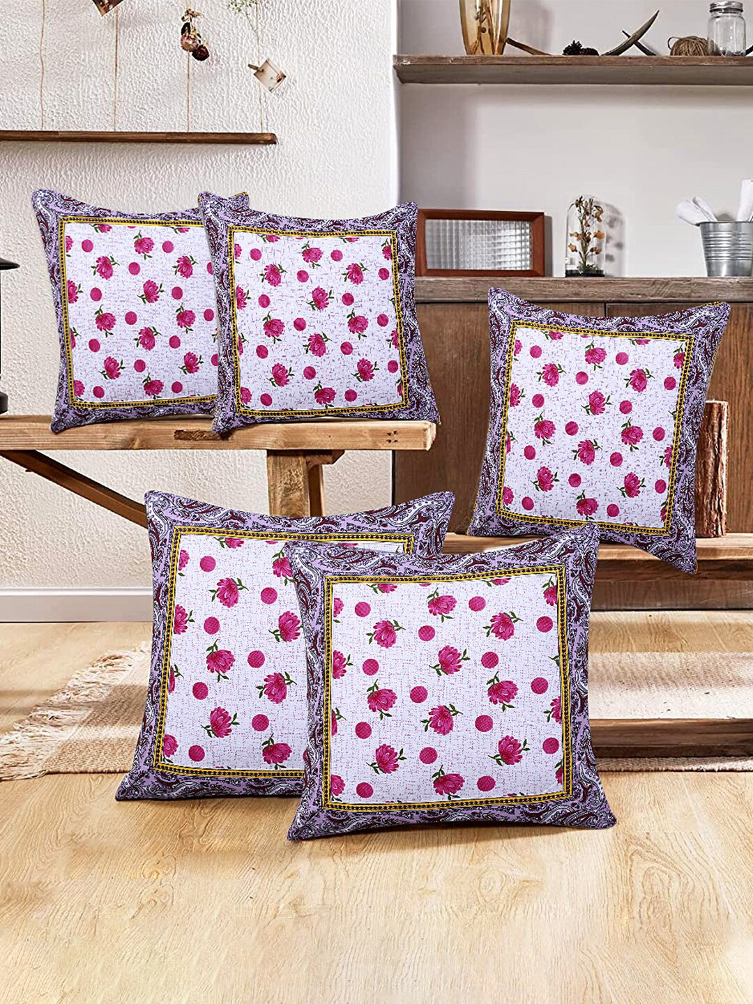 

Kuber Industries 5 Pieces Pink & White Floral Cotton Square Cushion Covers