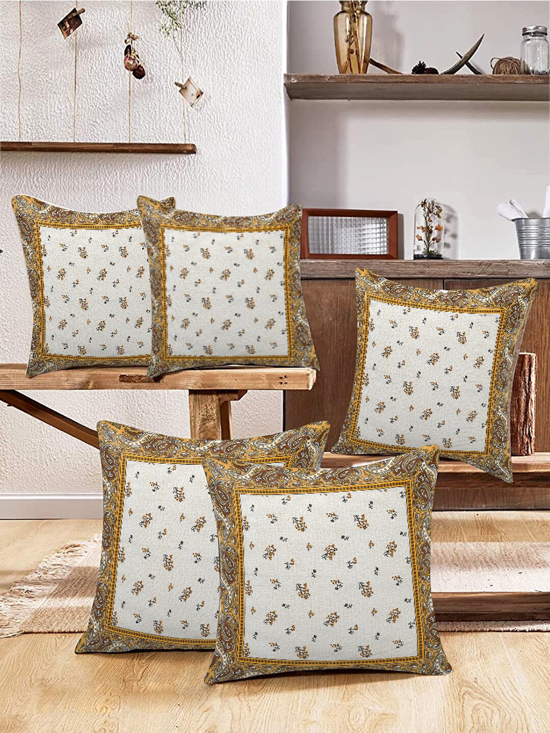 

Kuber Industries 5 Pieces Yellow & White Floral Cotton Square Cushion Covers