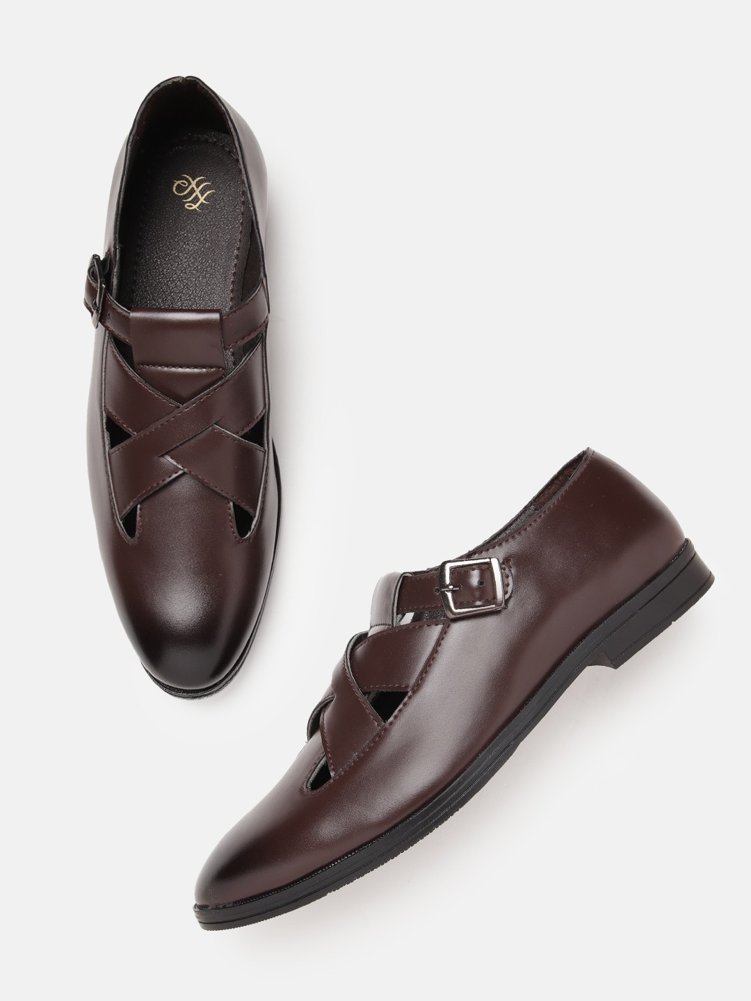 

House of Pataudi Men Shoe-Style Buckle Sandals, Coffee brown