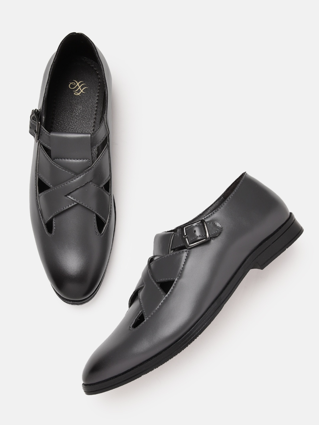 

House of Pataudi Men Shoe-Style Buckle Sandals, Charcoal