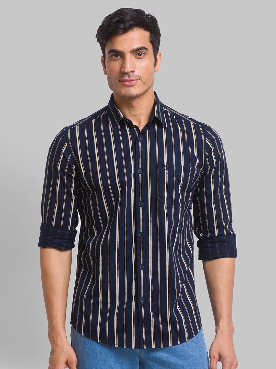 

Parx Men Slim Fit Vertical Striped Casual Cotton Shirt, Navy blue