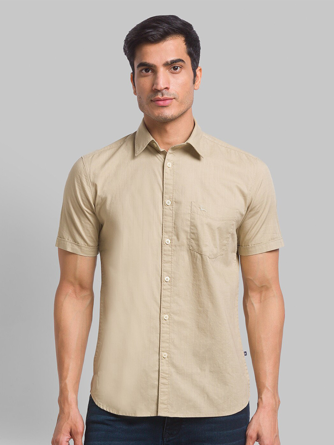 

Parx Men Spread Collar Cotton Slim Fit Casual Shirt, Beige