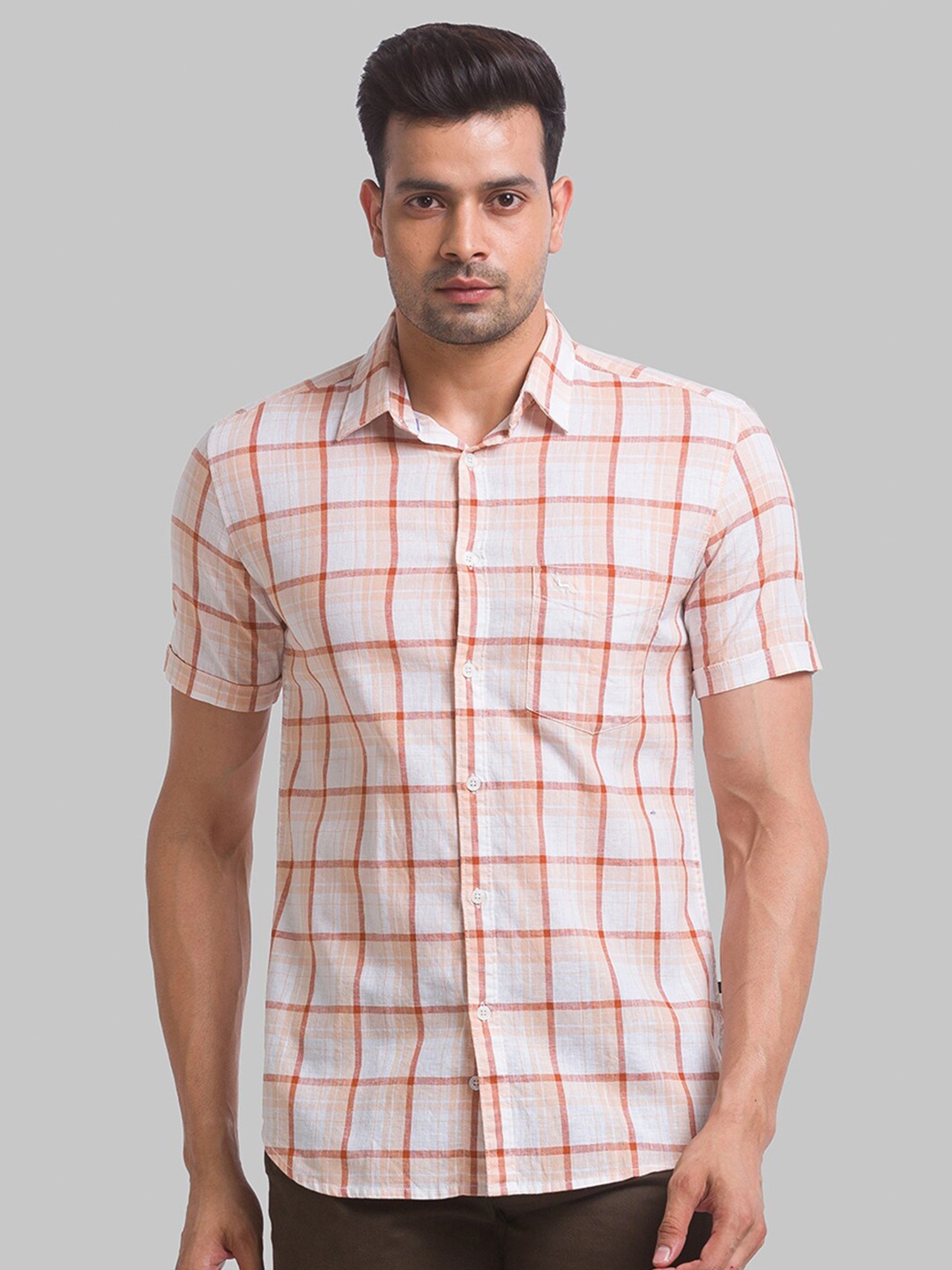 

Parx Men Slim Fit Windowpane Checks Checked Cotton Casual Shirt, Brown