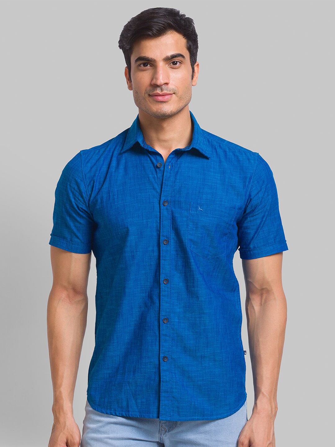 

Parx Men Spread Collar Cotton Slim Fit Casual Shirt, Blue