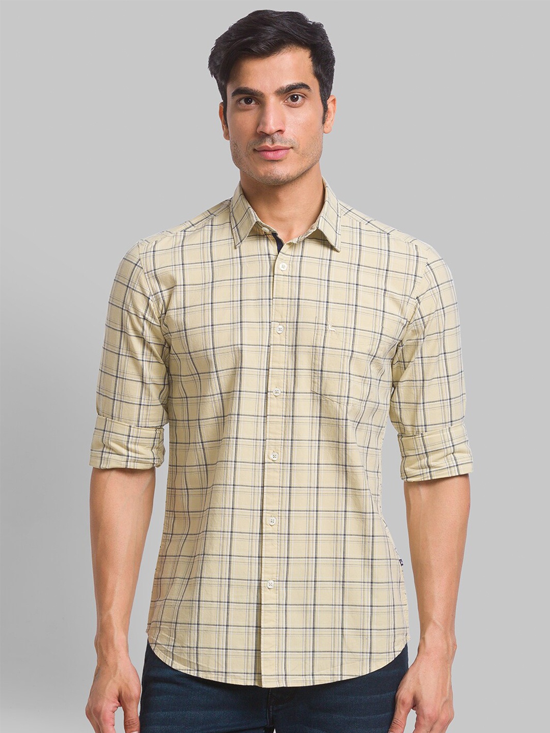 

Parx Men Slim Fit Checked Casual Cotton Shirt, Beige