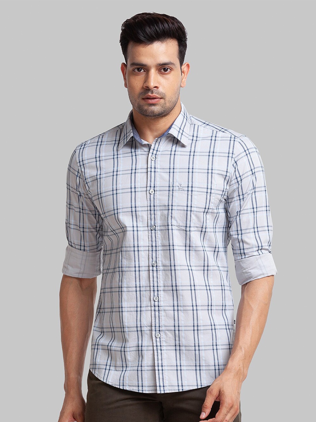 

Parx Men Slim Fit Checked Cotton Casual Shirt, Grey