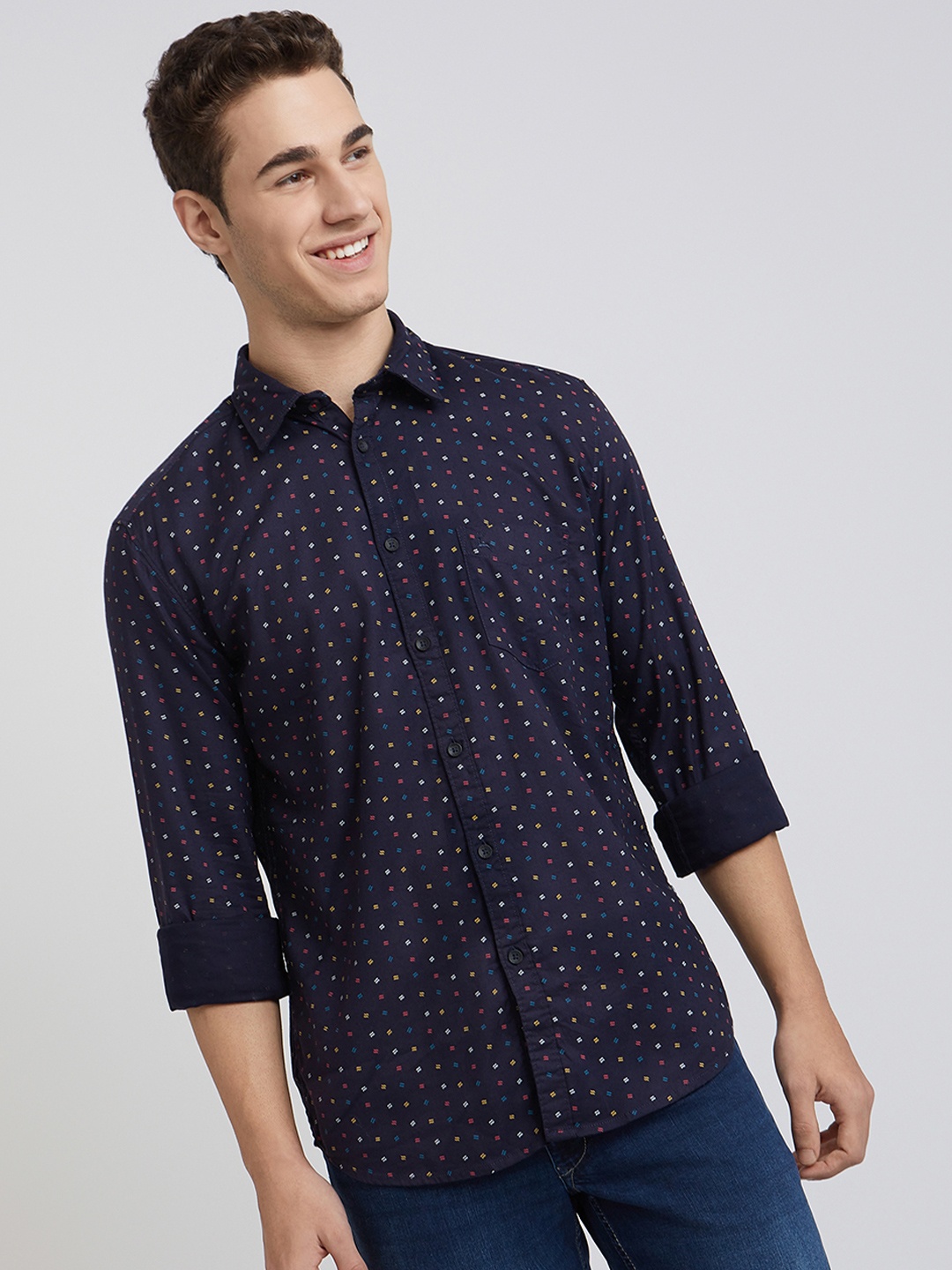 

Parx Men Micro Ditsy Printed Cotton Casual Shirt, Navy blue