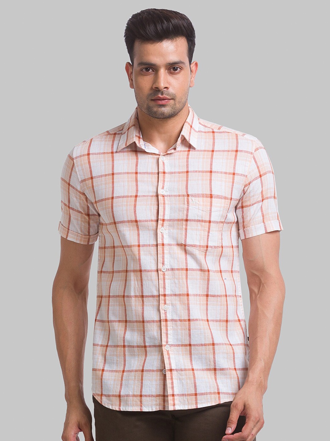 

Parx Men Slim Fit Windowpane Checks Checked Casual Cotton Shirt, Orange