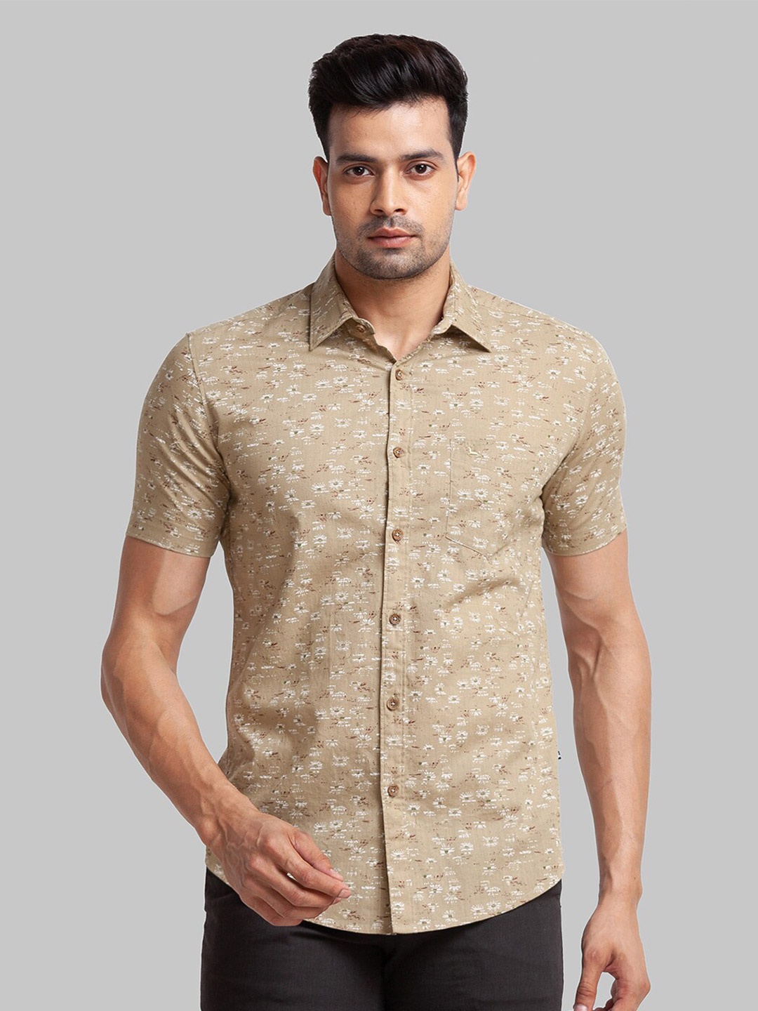 

Parx Men Floral Printed Cotton Slim Fit Casual Shirt, Beige