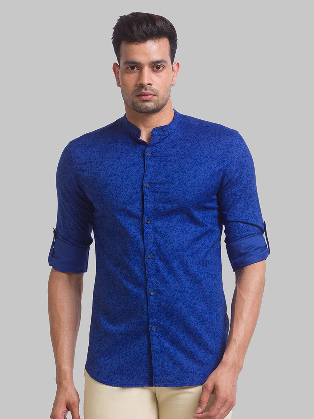 

Parx Men Slim Fit Printed Mandarin Collar Casual Cotton Shirt, Blue