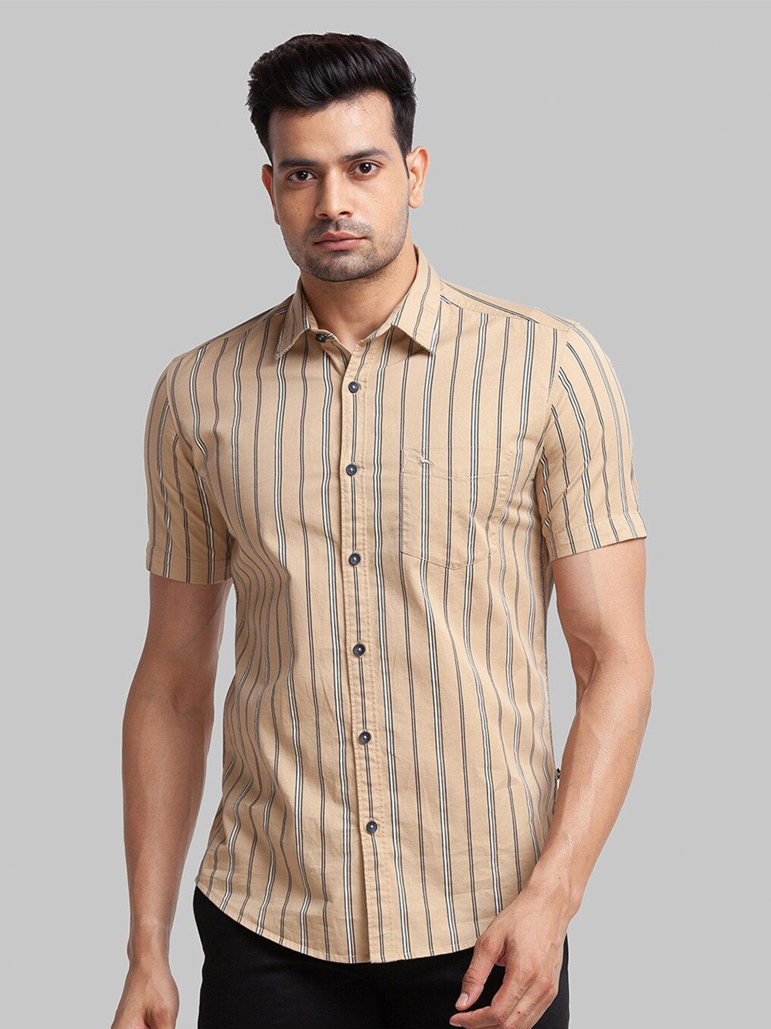 

Parx Men Plus Size Striped Slim Fit Casual Cotton Shirt, Beige
