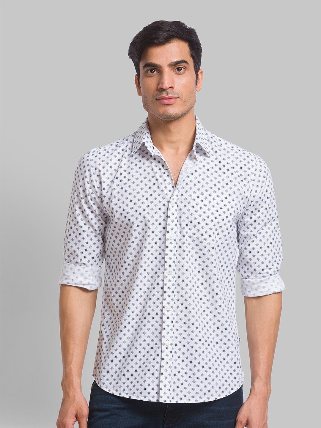 

Parx Men Plus Size Micro Ditsy Printed Cotton Slim Fit Casual Shirt, White
