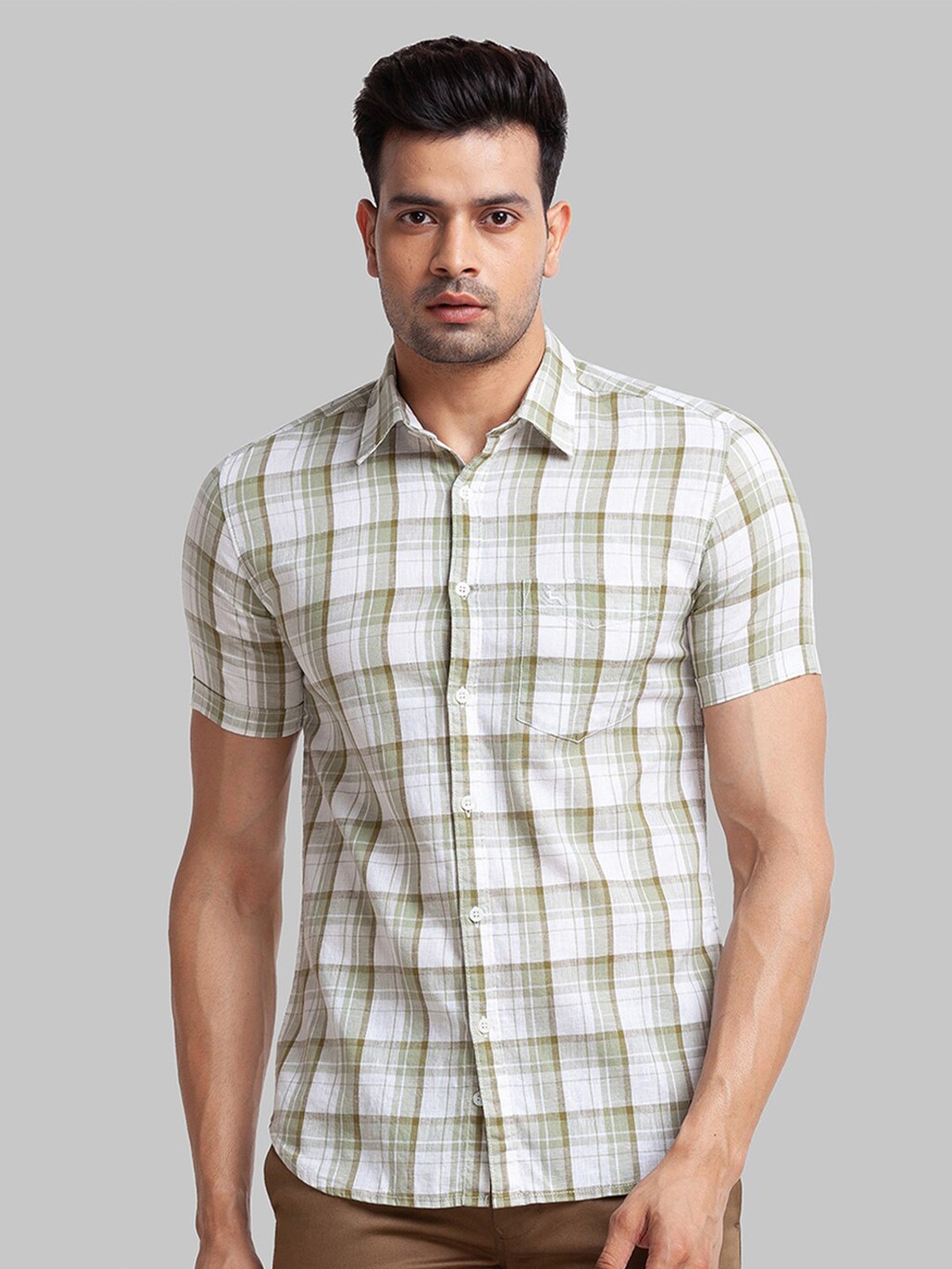 

Parx Slim Fit Tartan Checks Checked Casual Shirt, Olive