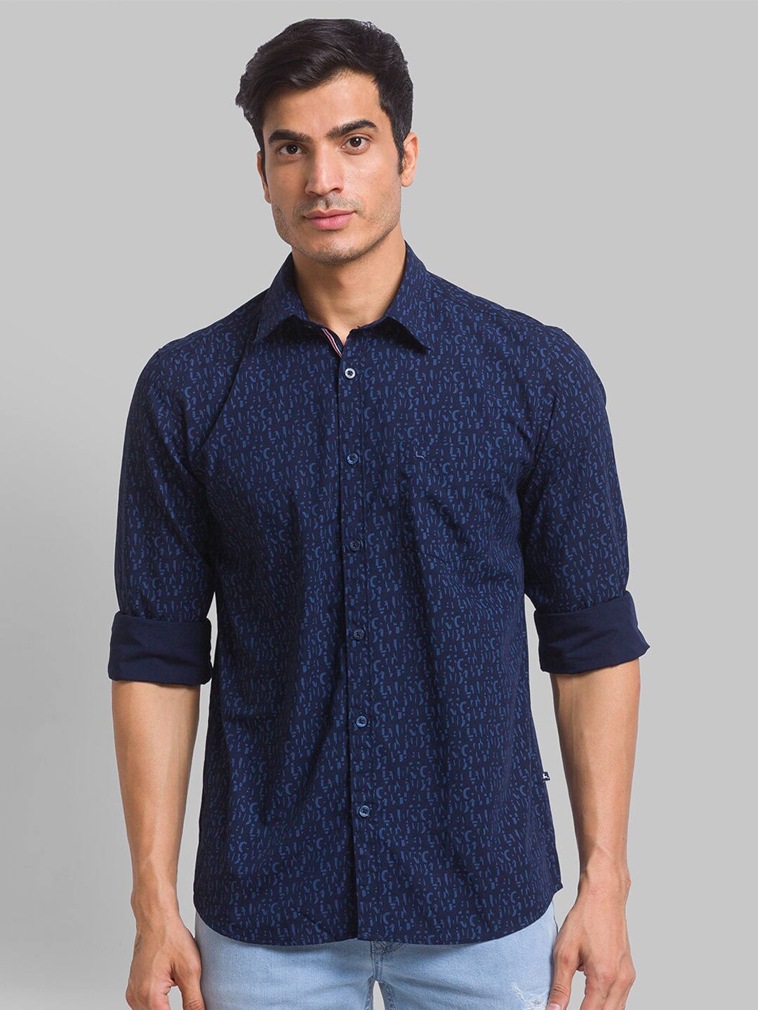 

Parx Men Plus Size Micro Ditsy Printed Cotton Casual Shirt, Navy blue