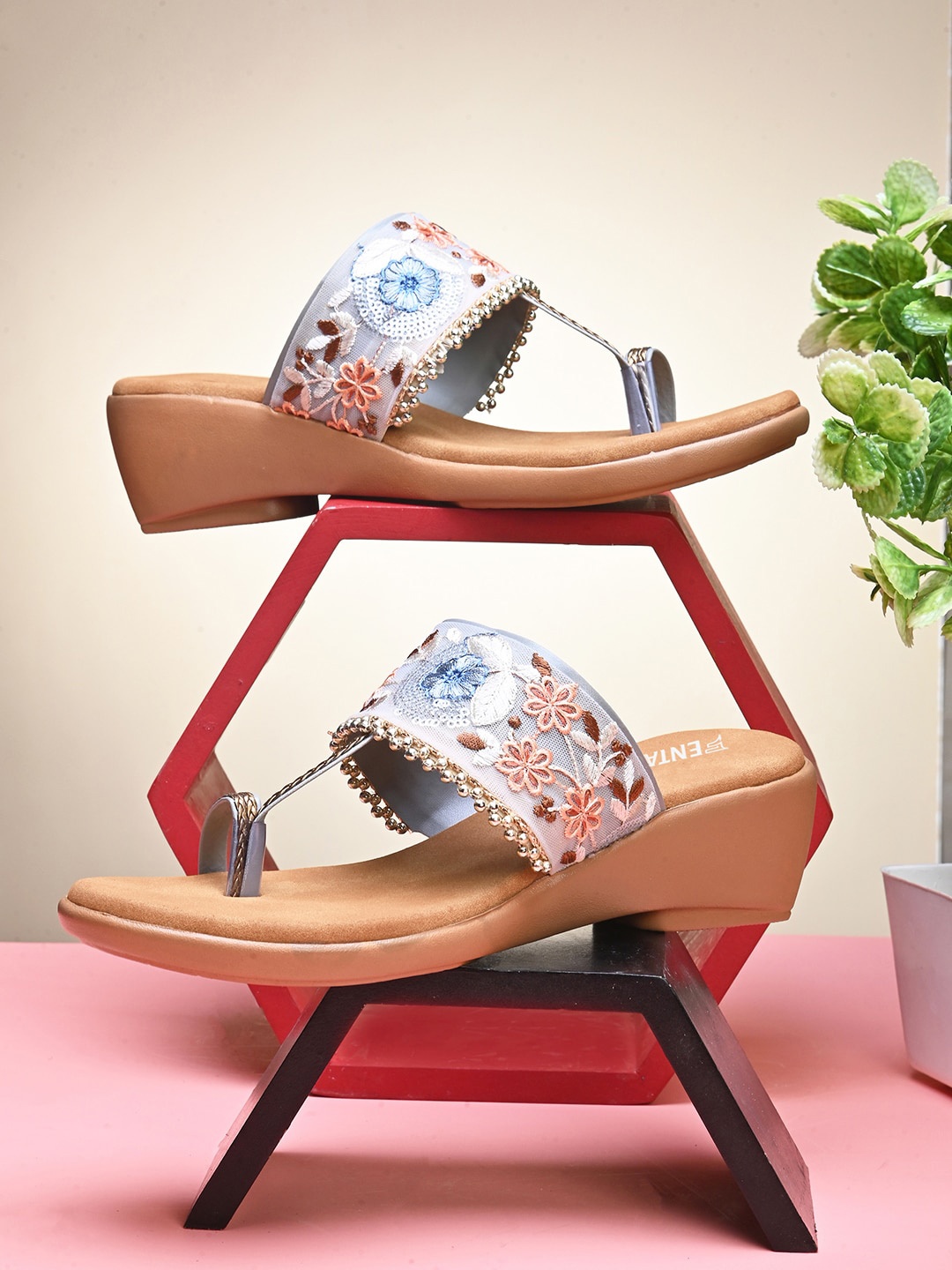 

Fentacia Embroidered Ethnic Wege Heels, Grey