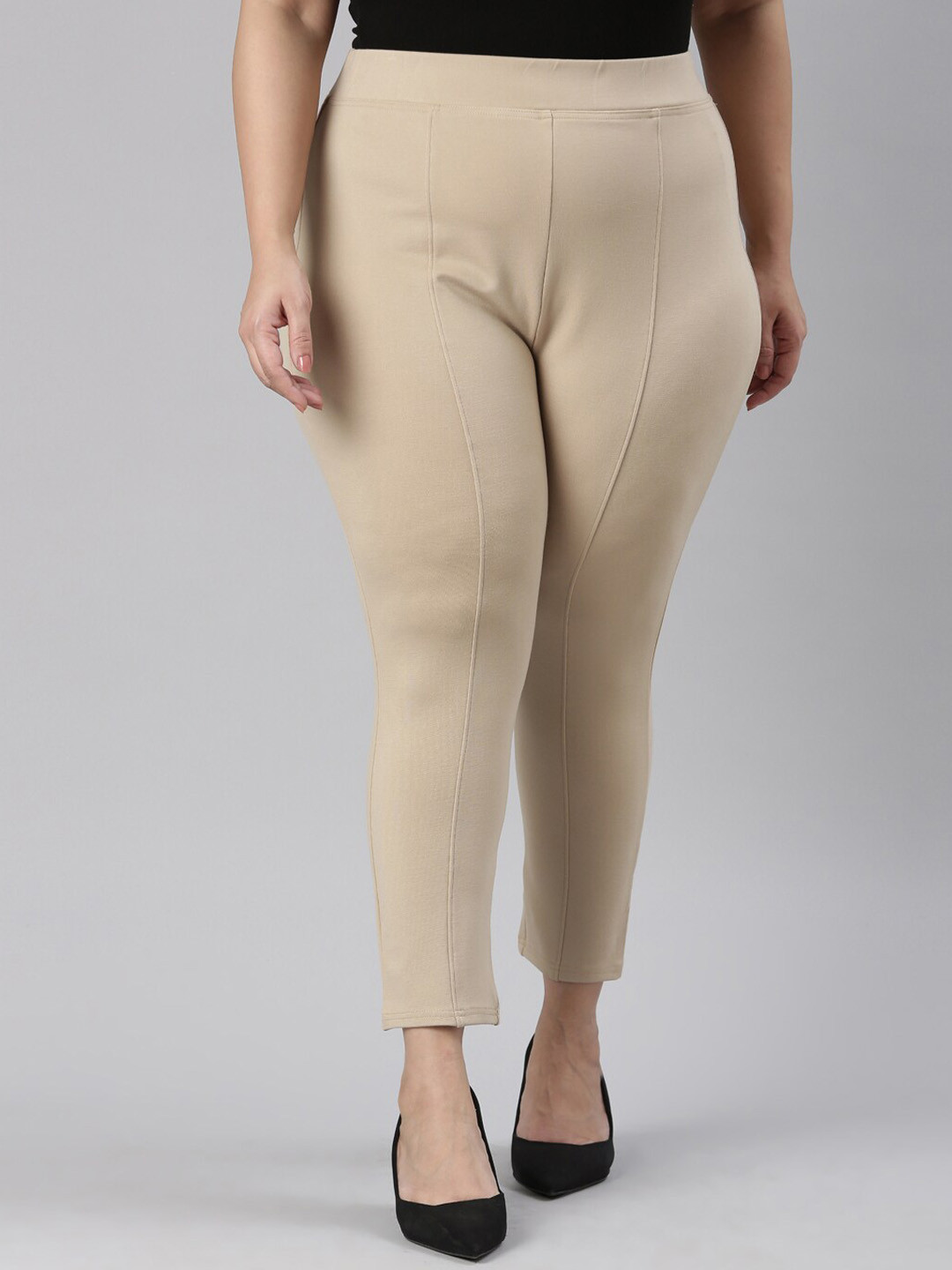 

The Pink Moon Women Plus Size Skinny Fit High-Rise Trousers, Beige
