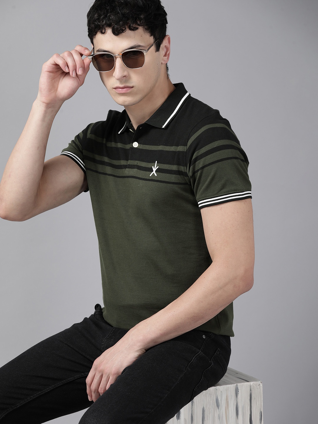 

Roadster Striped Regular Fit Pure Cotton Polo Collar T-shirt, Olive