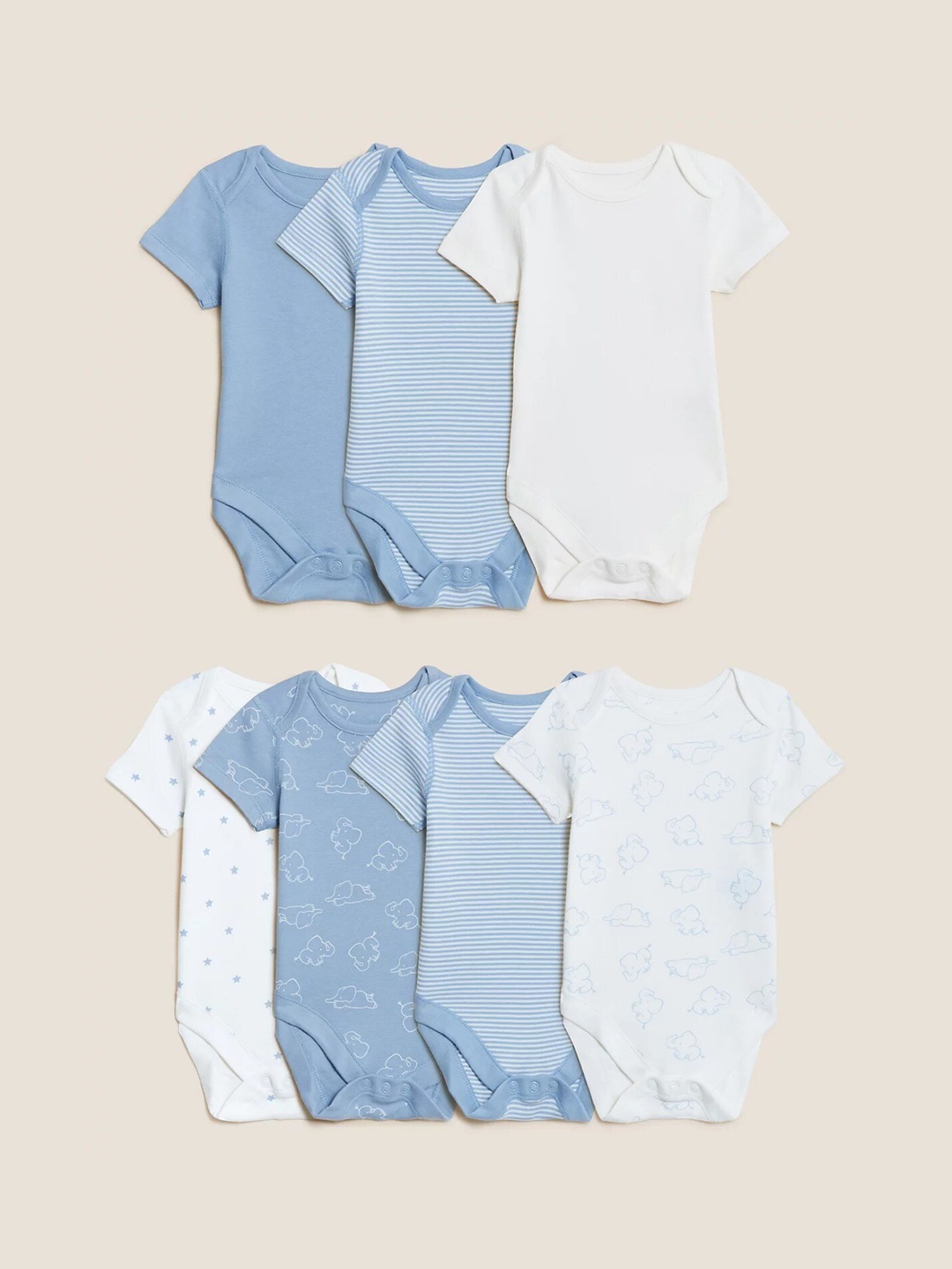 

Marks & Spencer Infants Boys Set Of 7 Printed Pure Cotton Bodysuit, Blue