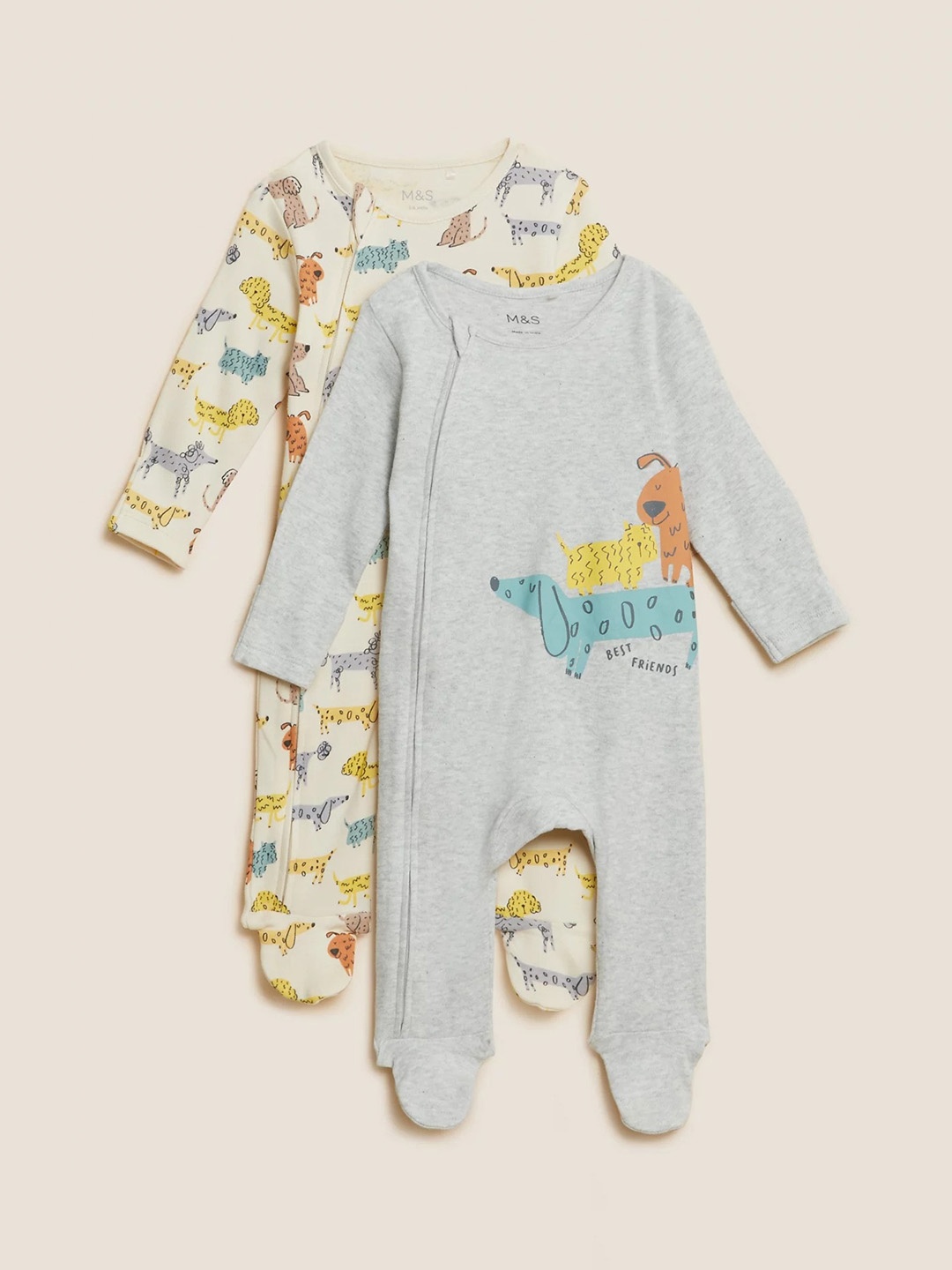 

Marks & Spencer Infants Pack Of 2 Printed Pure Cotton Sleepsuits, Grey