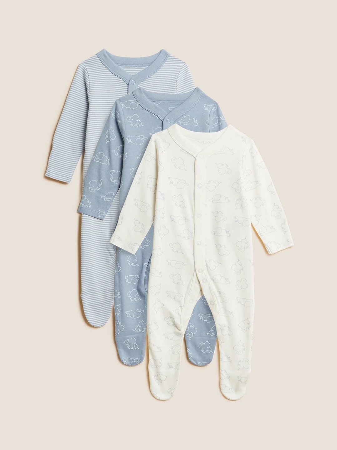 

Marks & Spencer Infant Boys Pack Of 3 Printed Pure Cotton Rompers, Blue