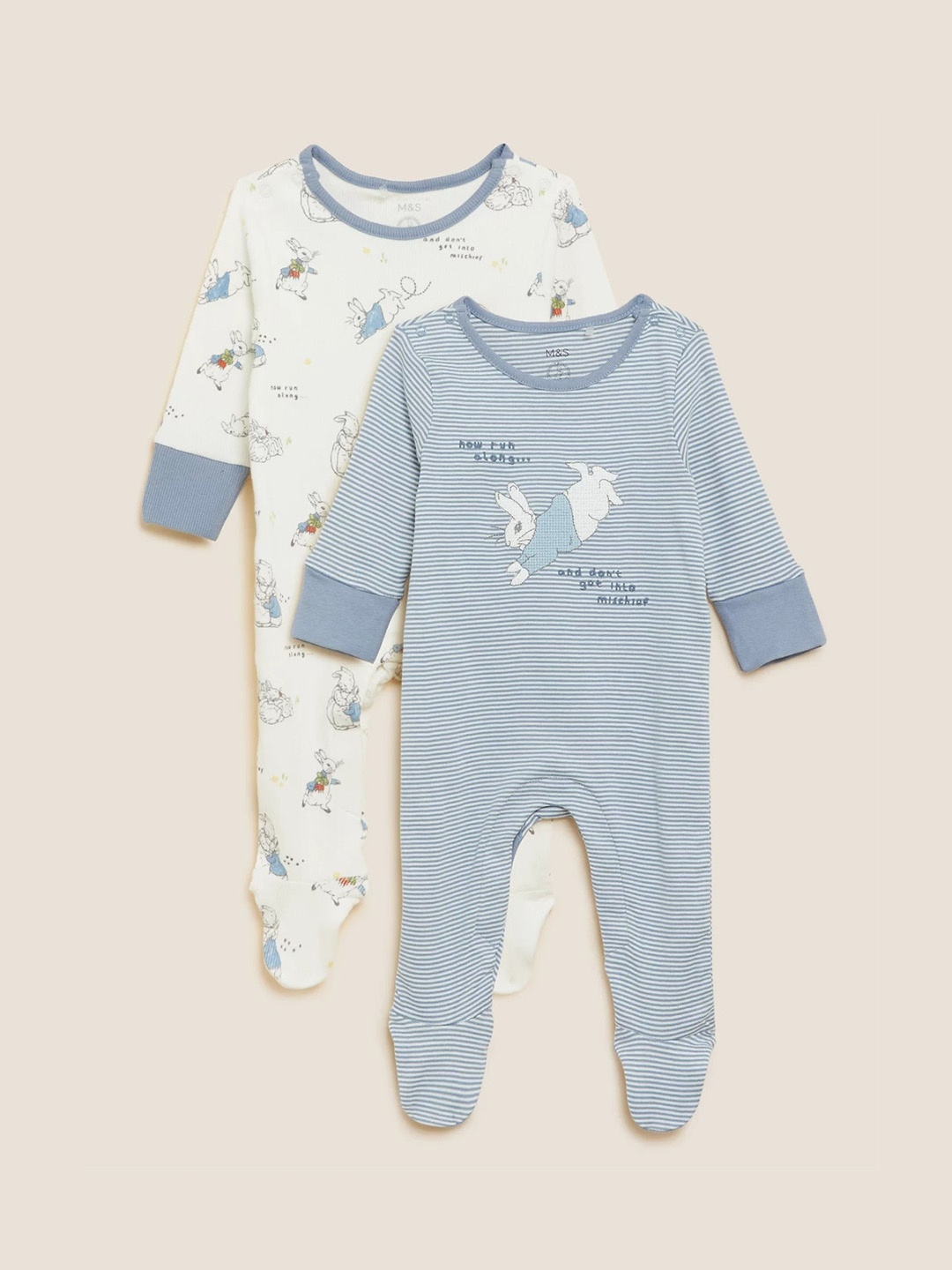 

Marks & Spencer Infant Boys Pack Of 2 Printed Pure Cotton Sleepsuits, Blue