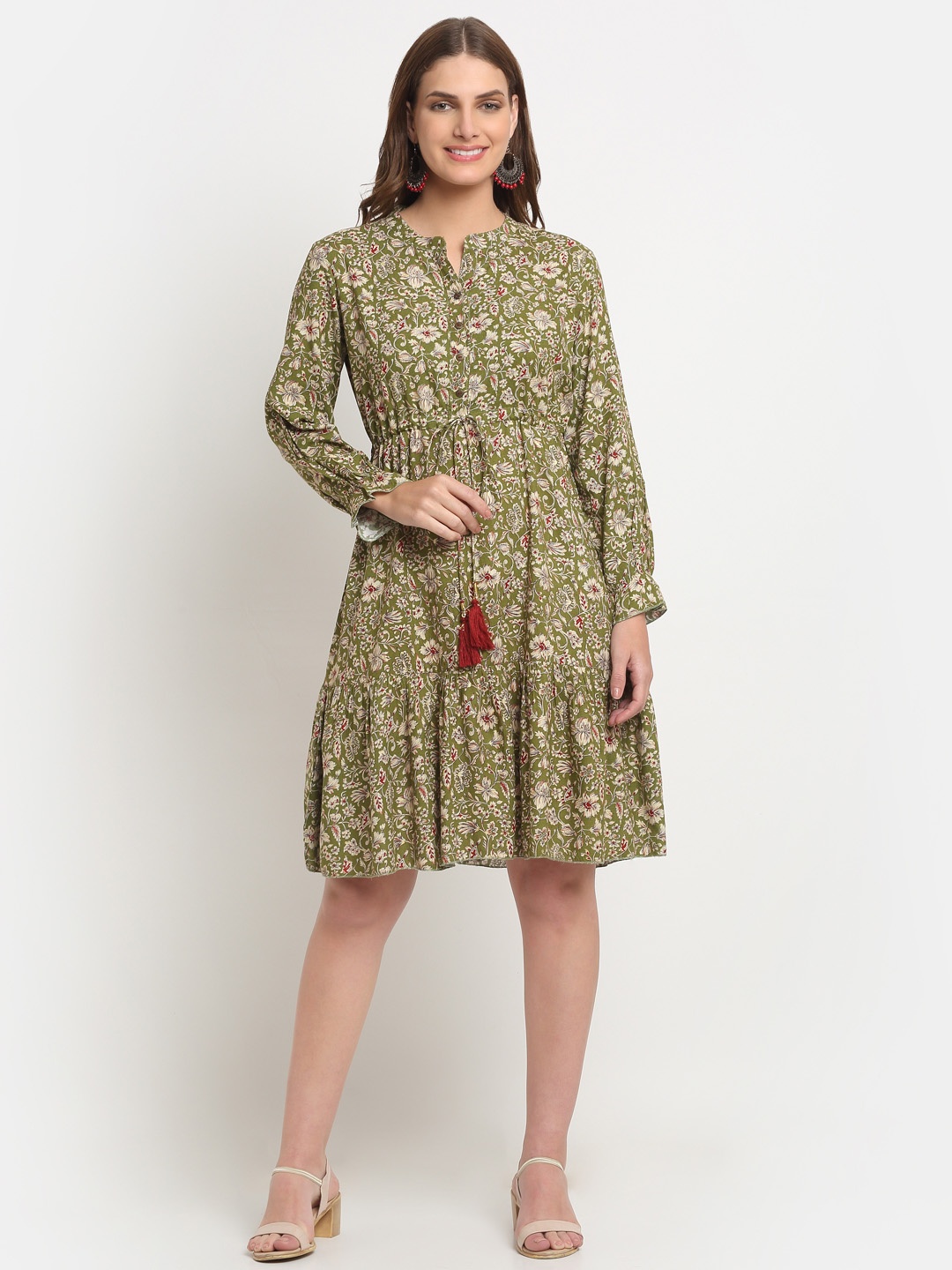 

KALINI Band Collar Floral Printed Fit and Flare Dress, Green