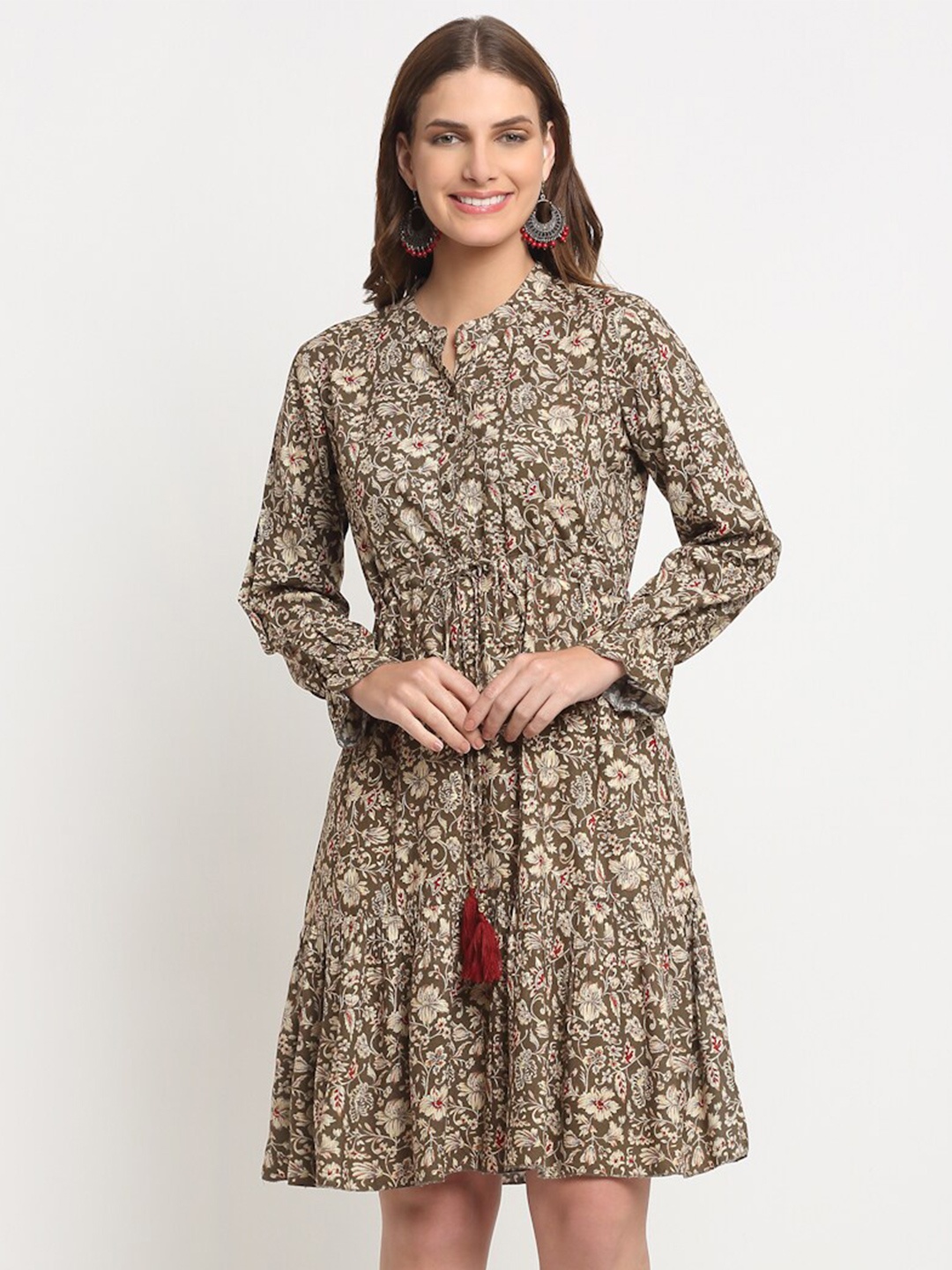 

KALINI Mandarin Collar Printed Dress, Grey
