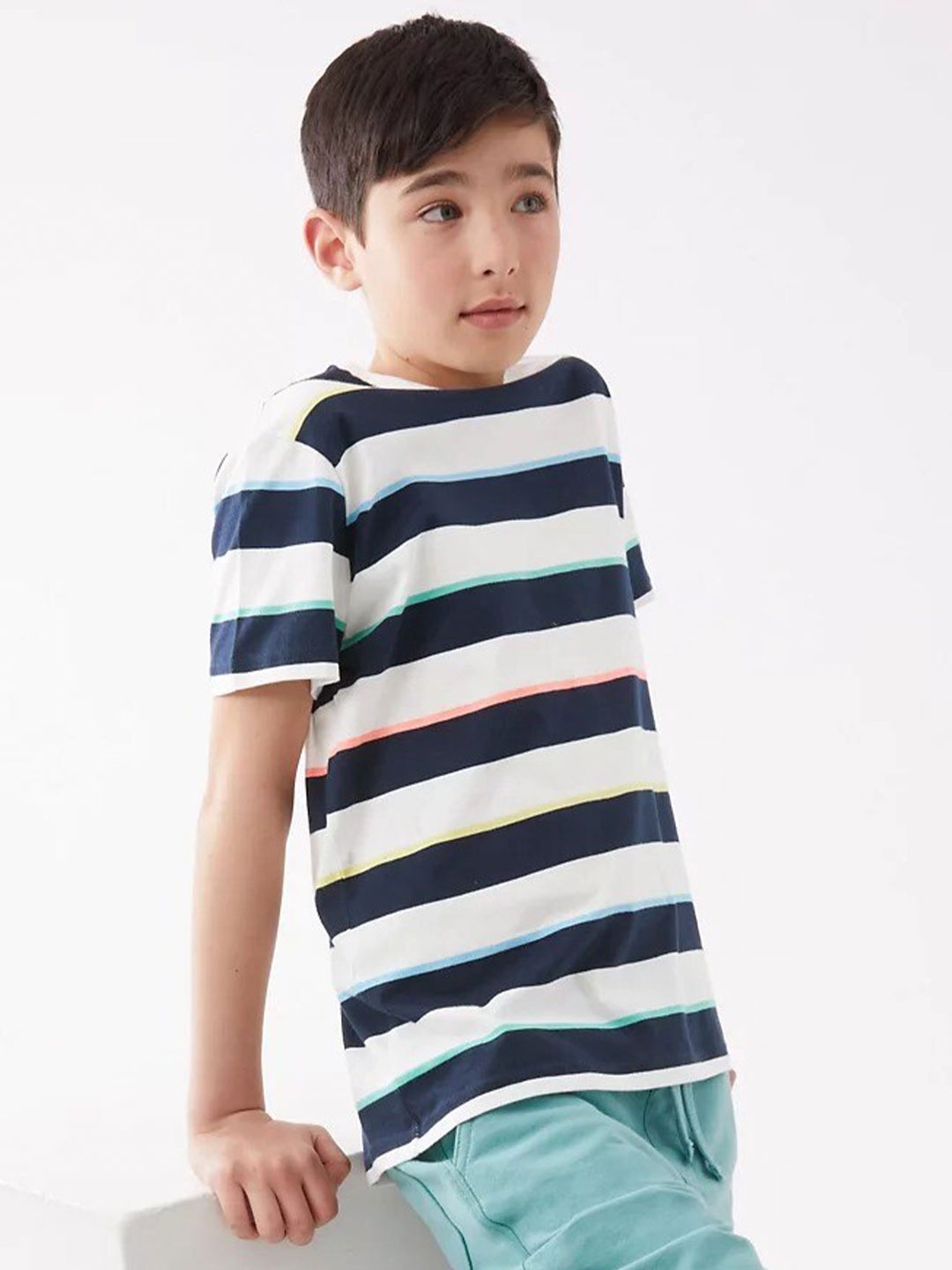 

Marks & Spencer Boys Striped Round Neck Cotton T-shirt, Navy blue