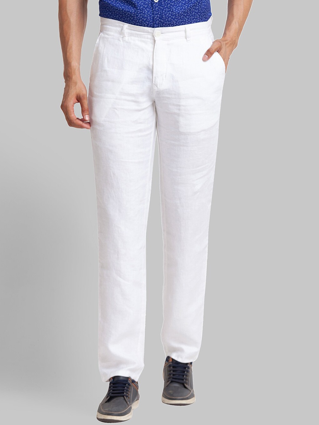 

Parx Men Tapered Fit Linen Mid-Rise Trousers, White