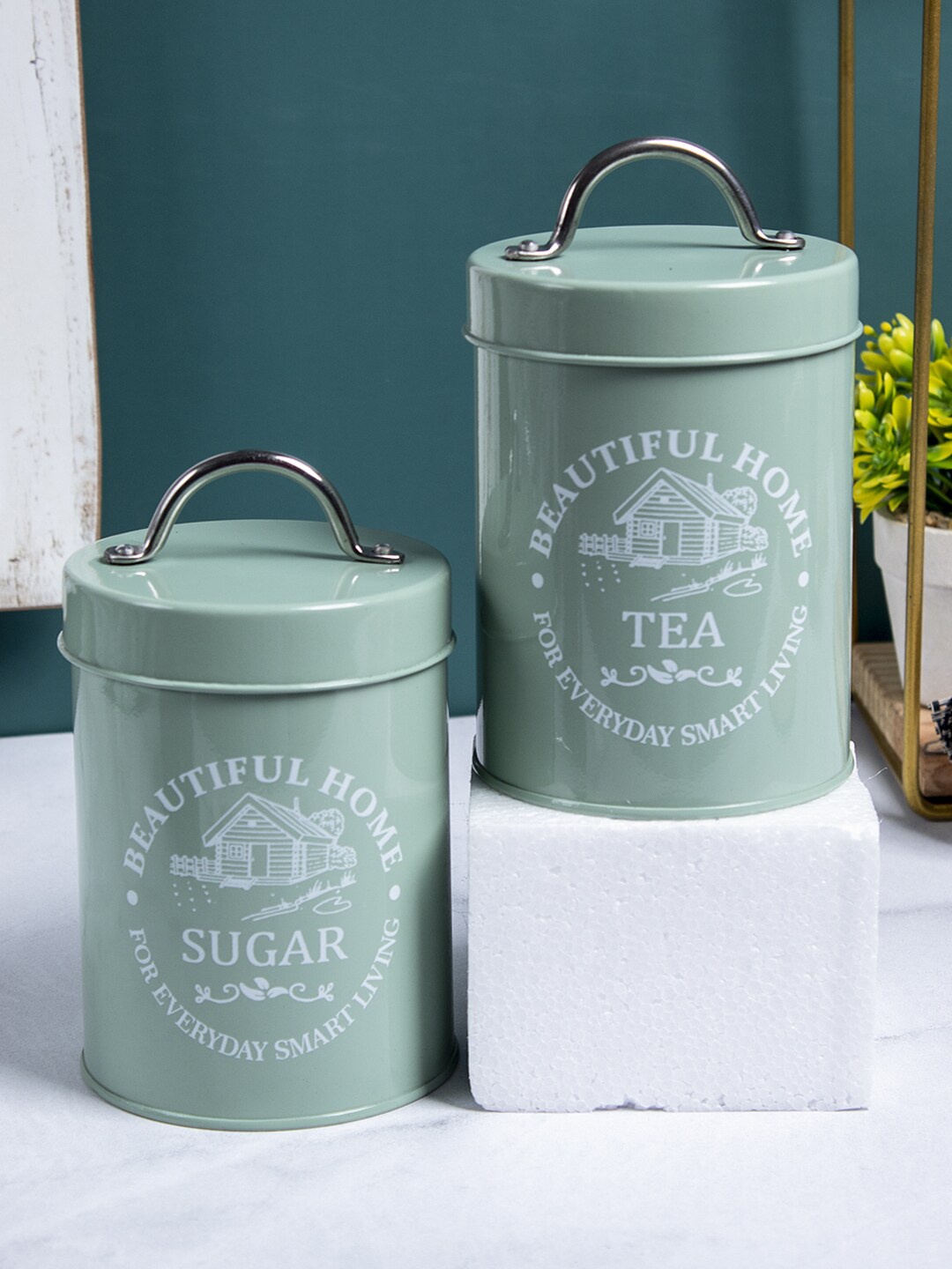 

MARKET99 Green & White 2 Pcs Printed Sugar & Tea Jar Containers 850 ml Each