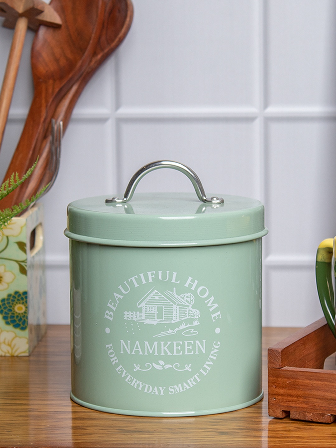

MARKET99 Green & White Printed Namkeen Jar With Lid 1.3 L