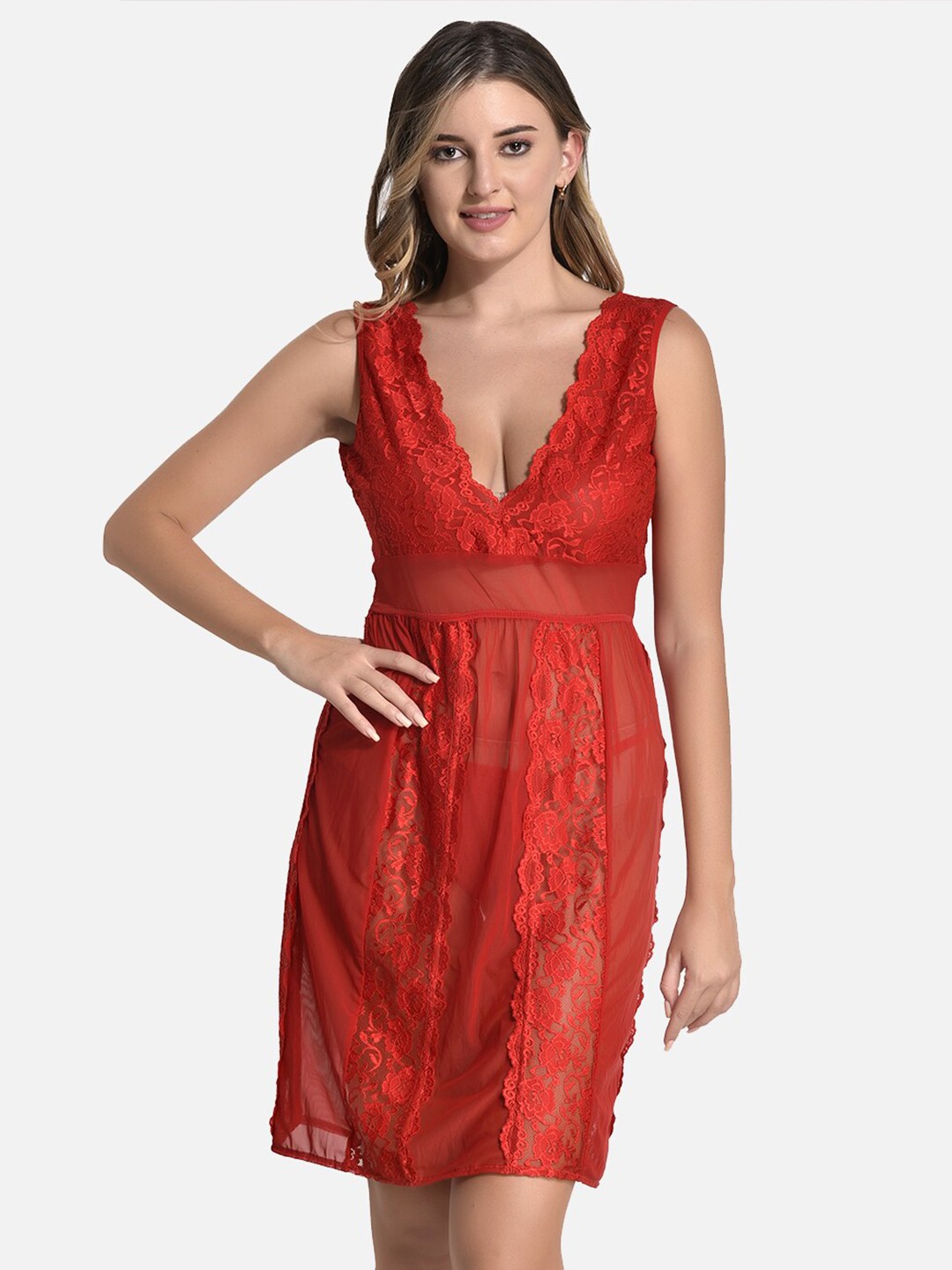 

StyFun Floral Lace Baby Doll Lingerie Set, Red