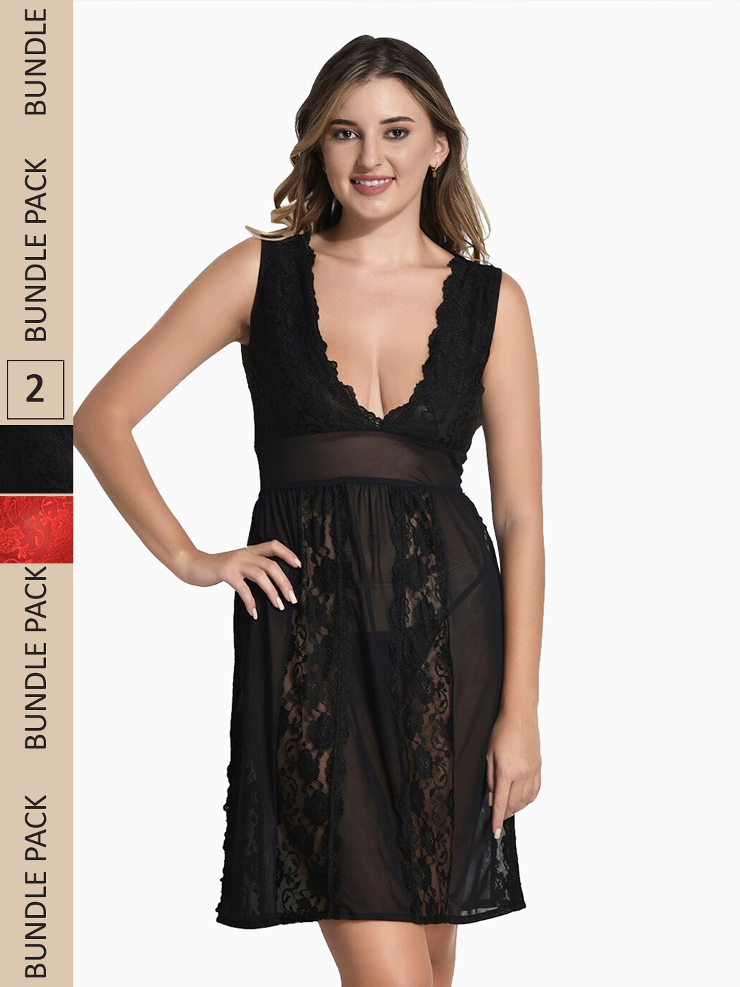 

StyFun Pack Of 2 Floral Lace Babydoll Lingerie Set, Black