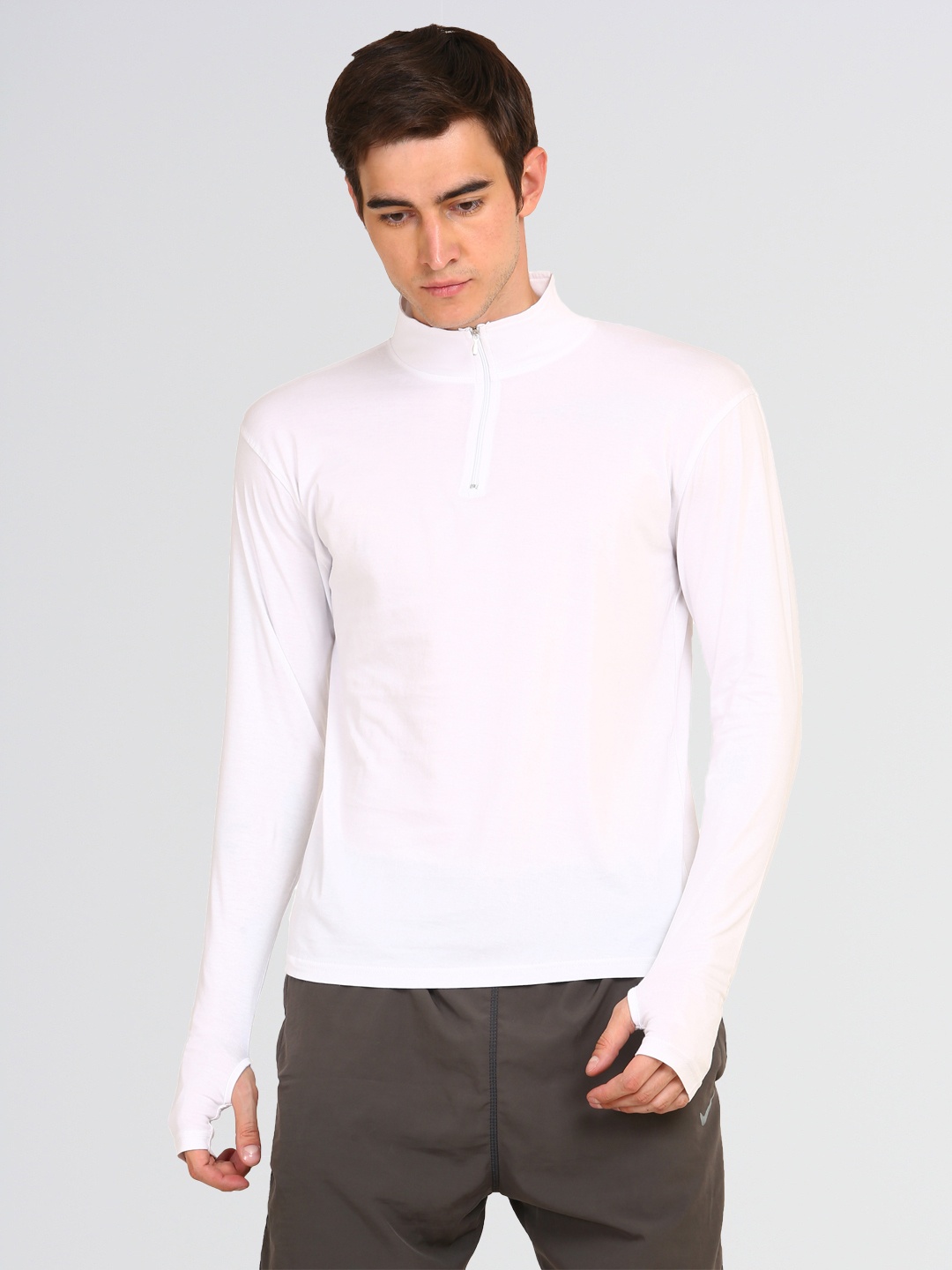 

appulse Men High Neck Long Sleeve Thumb Open Cotton T-shirt, White