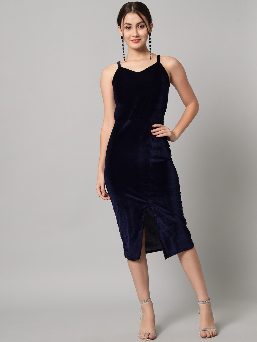 

VAARARO Shoulder Strap Front Slit Velvet Sheath Midi Dress, Navy blue