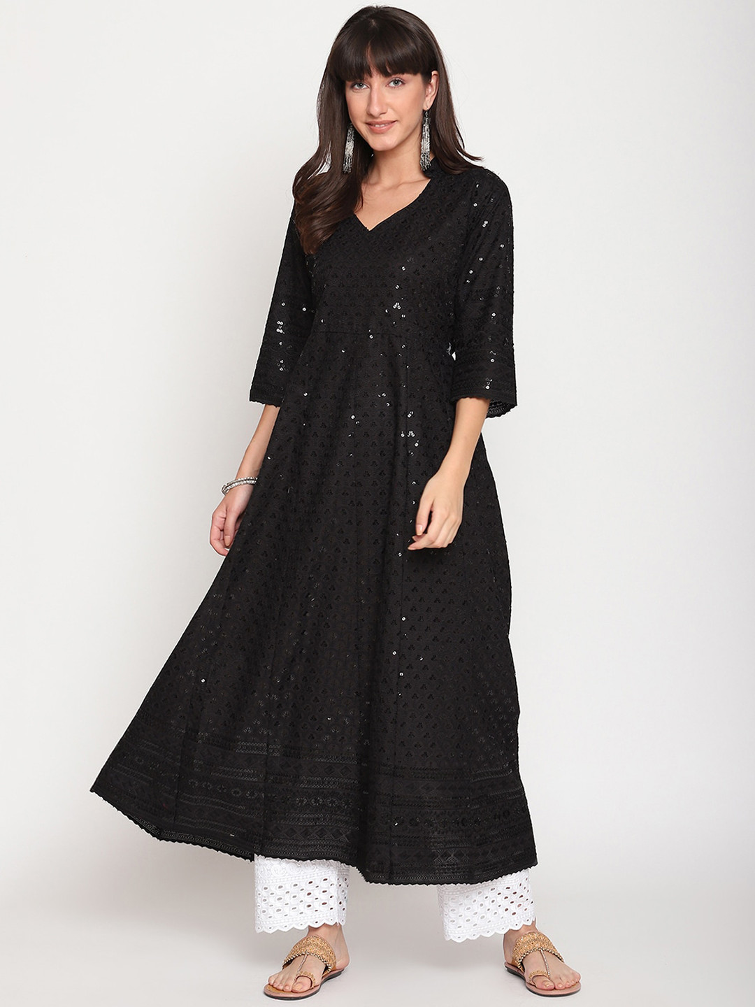 

KALINI Women Ethnic Motifs Embroidered Cotton Anarkali Kurta, Black