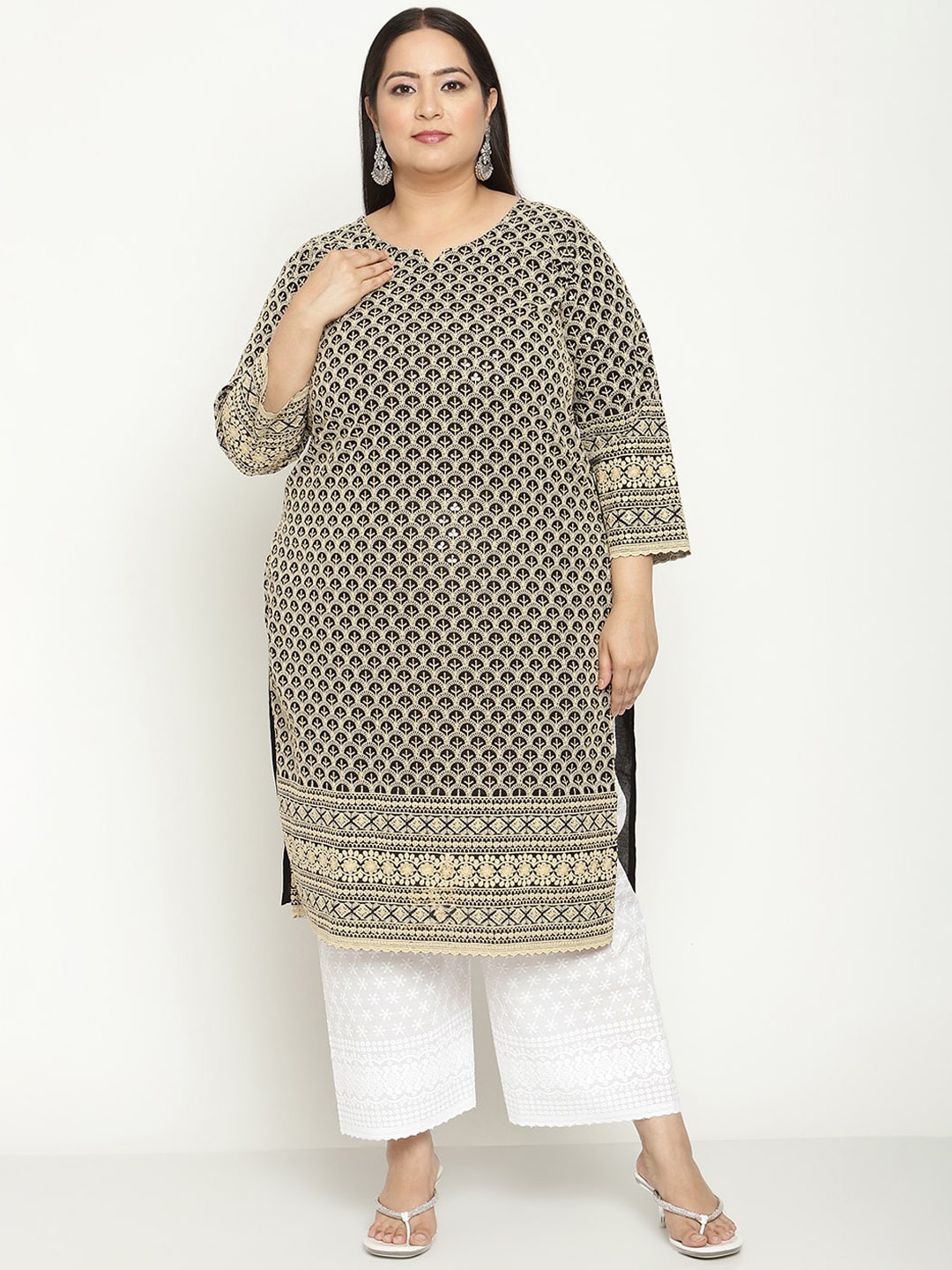 

KALINI Women Plus Size Ethnic Motifs Embroidered Cotton Straight Kurta, Beige