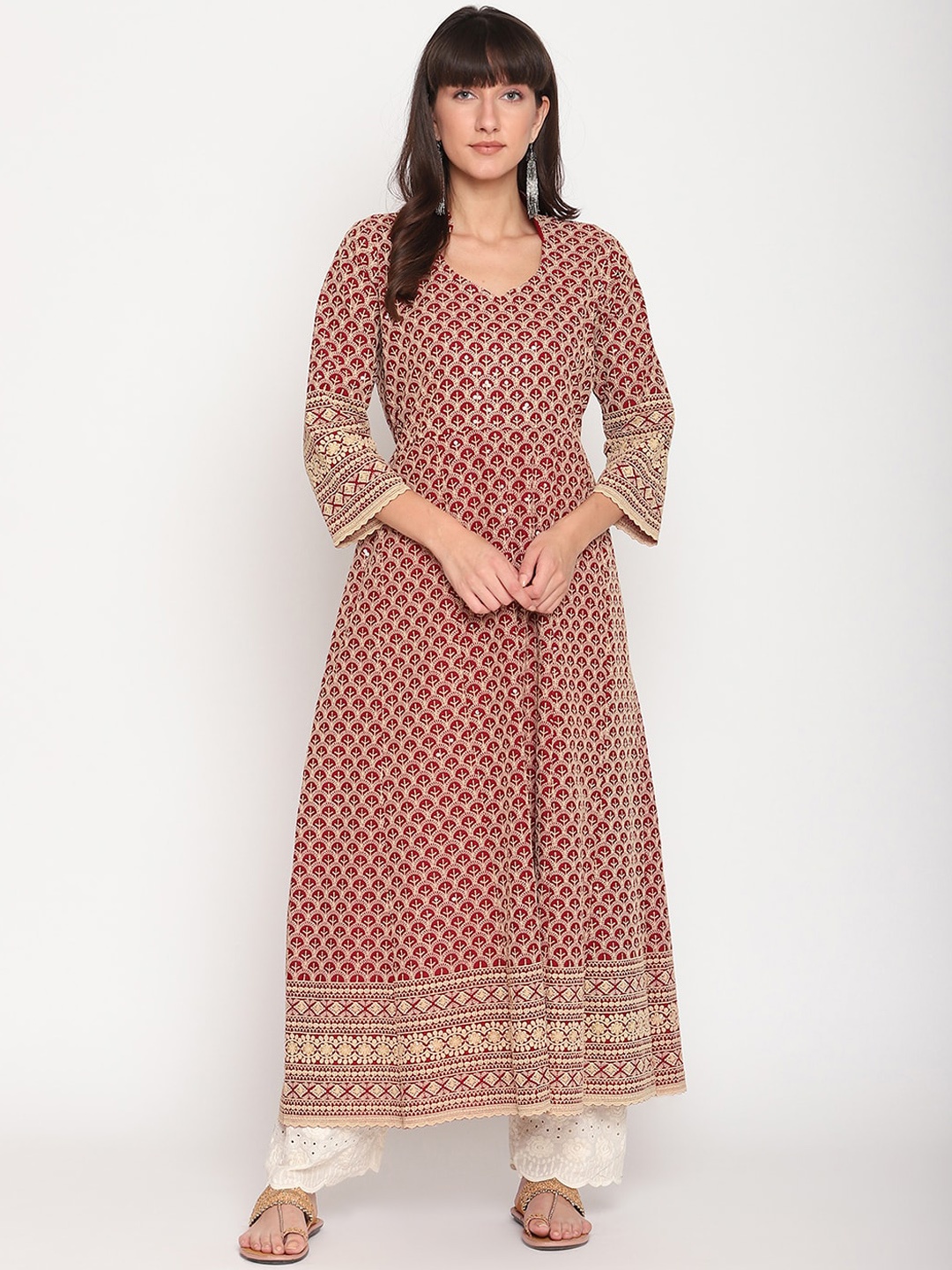 

KALINI Chikankari Embroidered Pure Cotton Anarkali Kurta, Maroon