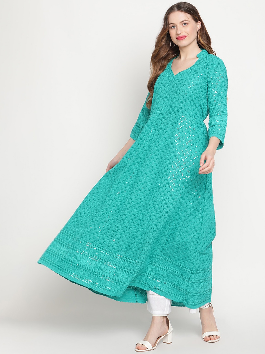

KALINI Chikankari Embroidered Pure Cotton Anarkali Kurta, Sea green