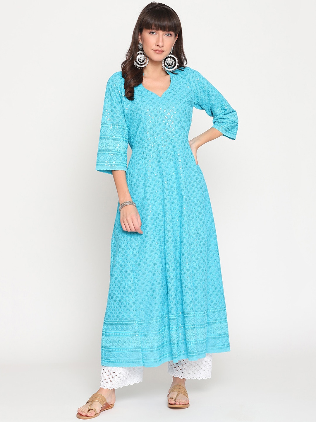 

KALINI Chikankari Embroidered Pure Cotton Anarkali Kurta, Turquoise blue