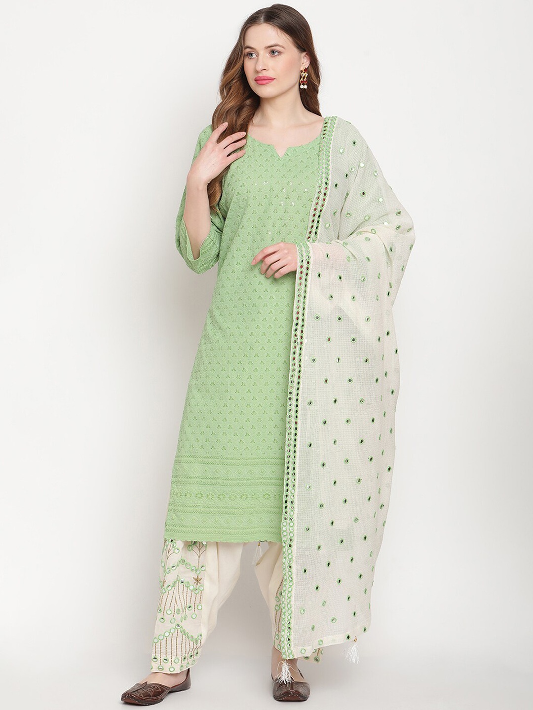 

KALINI Notch Neck Chikankari Embroidered Pure Cotton Kurta & Salwar With Dupatta, Green